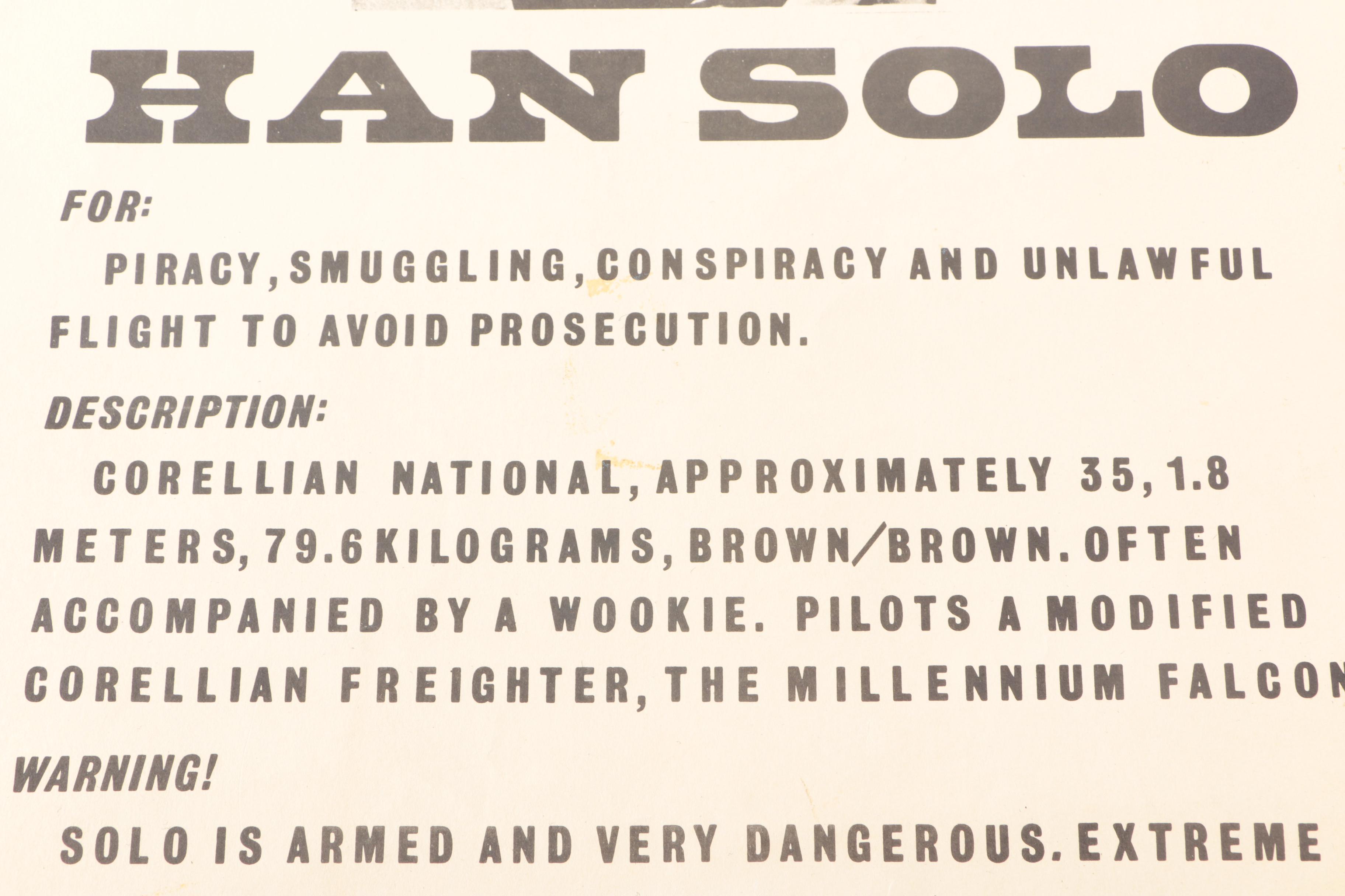 "Star Wars" Offset Lithograph on Paper Han Solo Wanted Poster