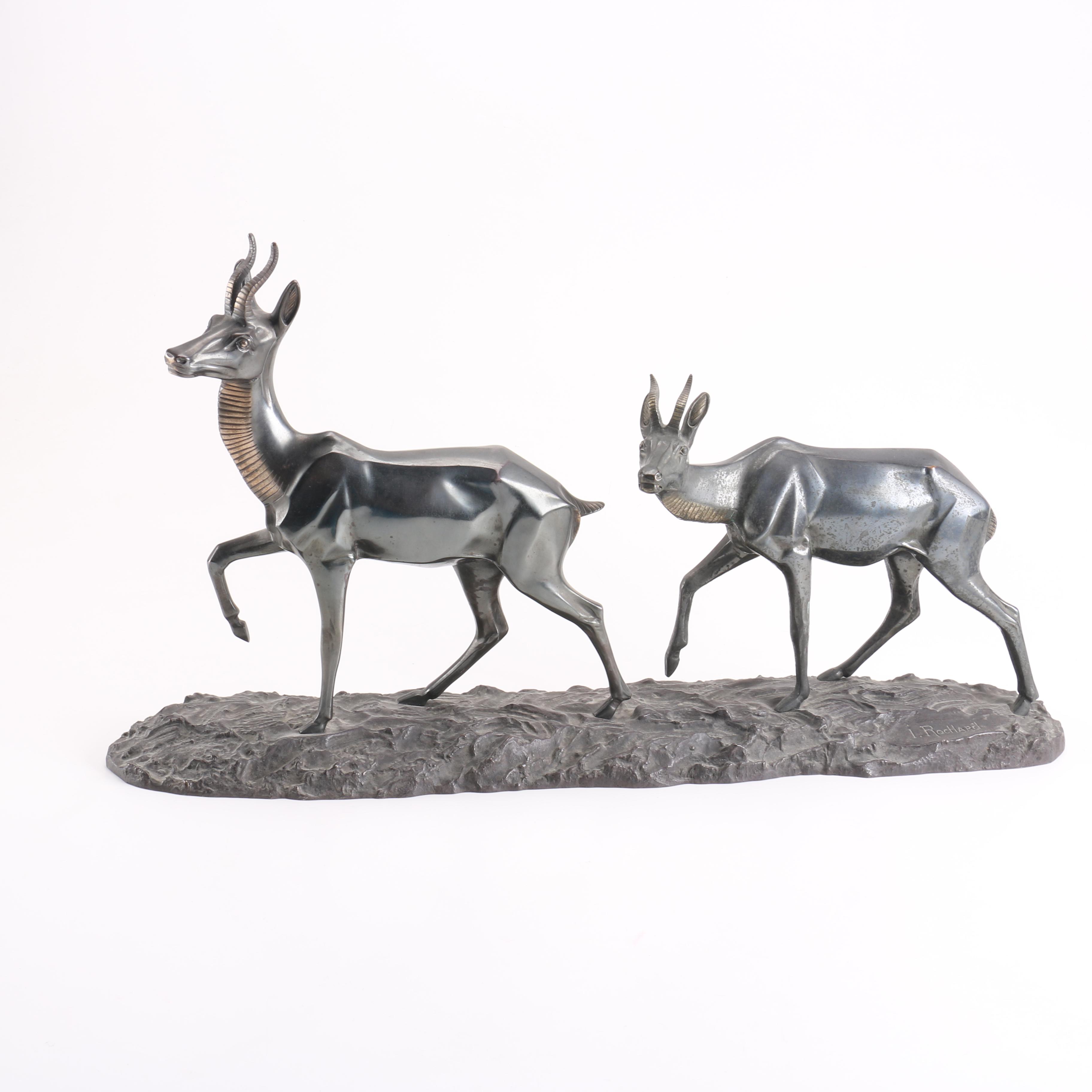 Irene Rochard Cast Metal Sculpture of Two Gazelle
