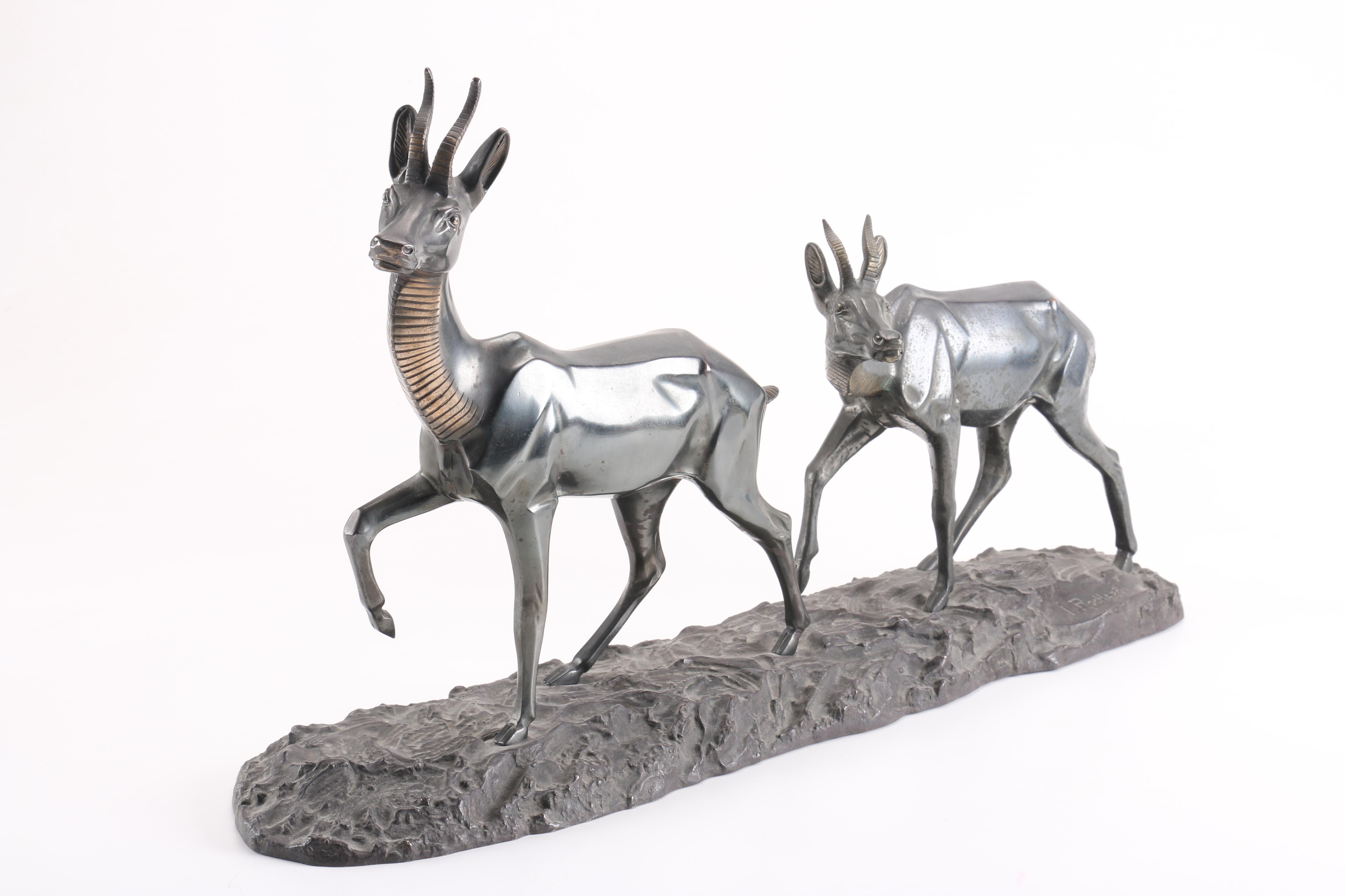 Irene Rochard Cast Metal Sculpture of Two Gazelle