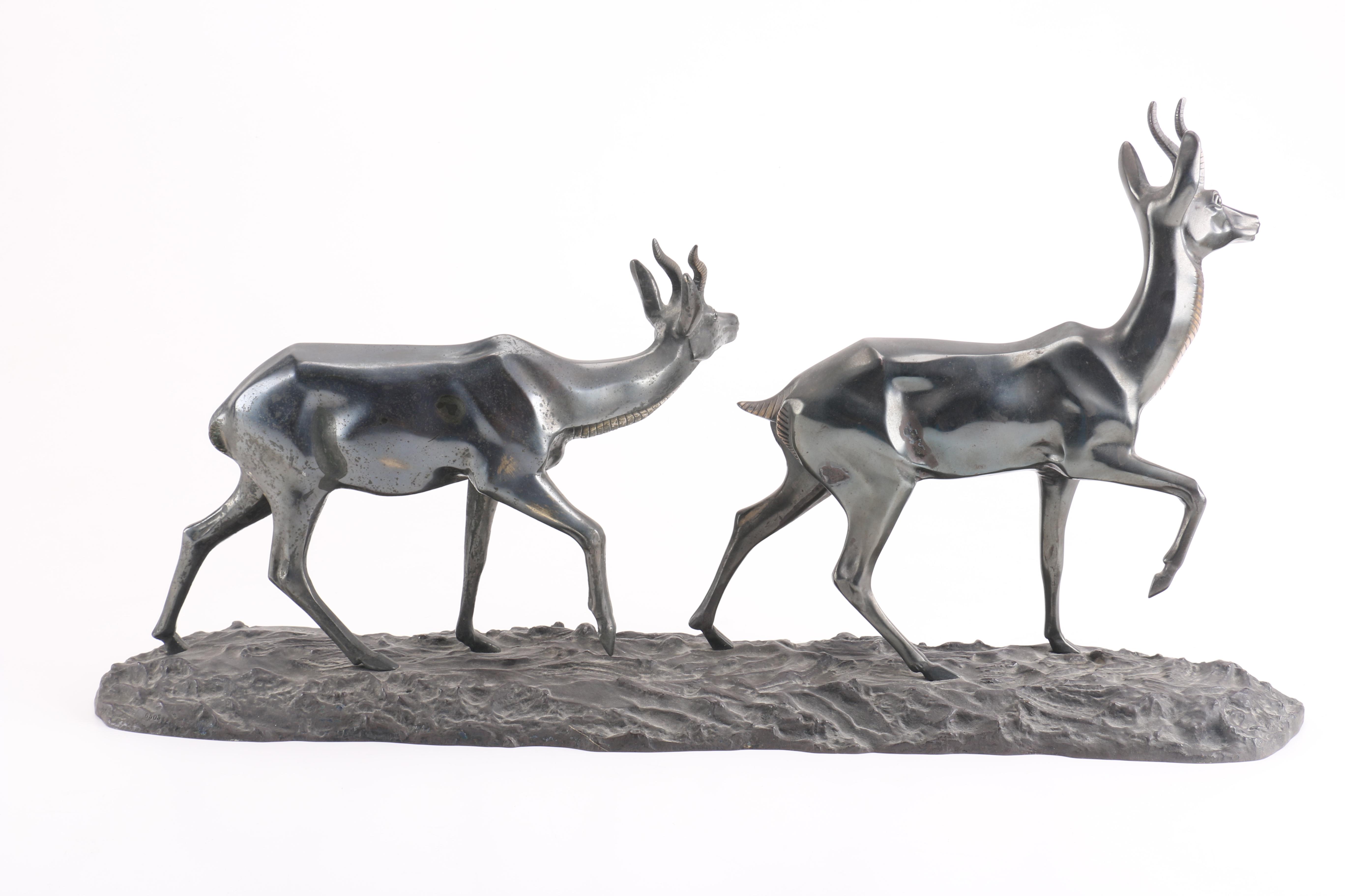 Irene Rochard Cast Metal Sculpture of Two Gazelle