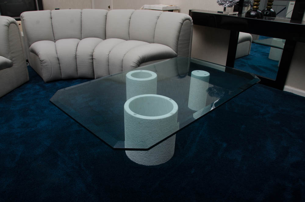 1980s Modern Glass Top Coffee Table With Stone Supports
