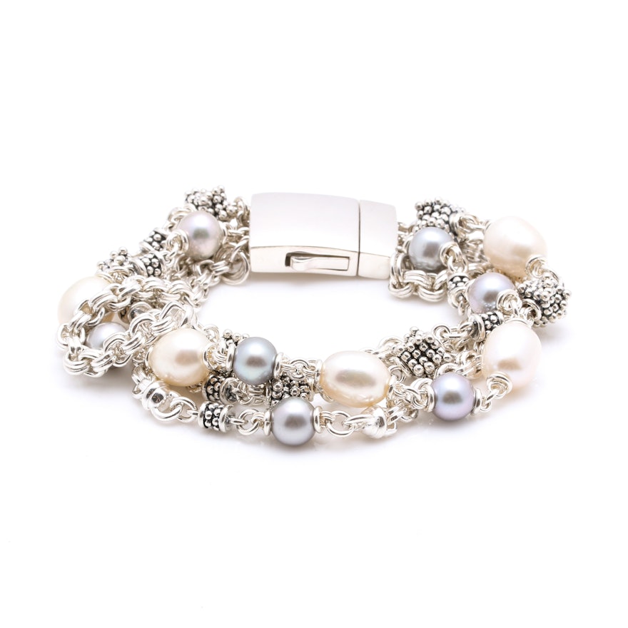 Michael Dawkins Sterling Silver Cultured Pearl and 14K White Gold Bracelet