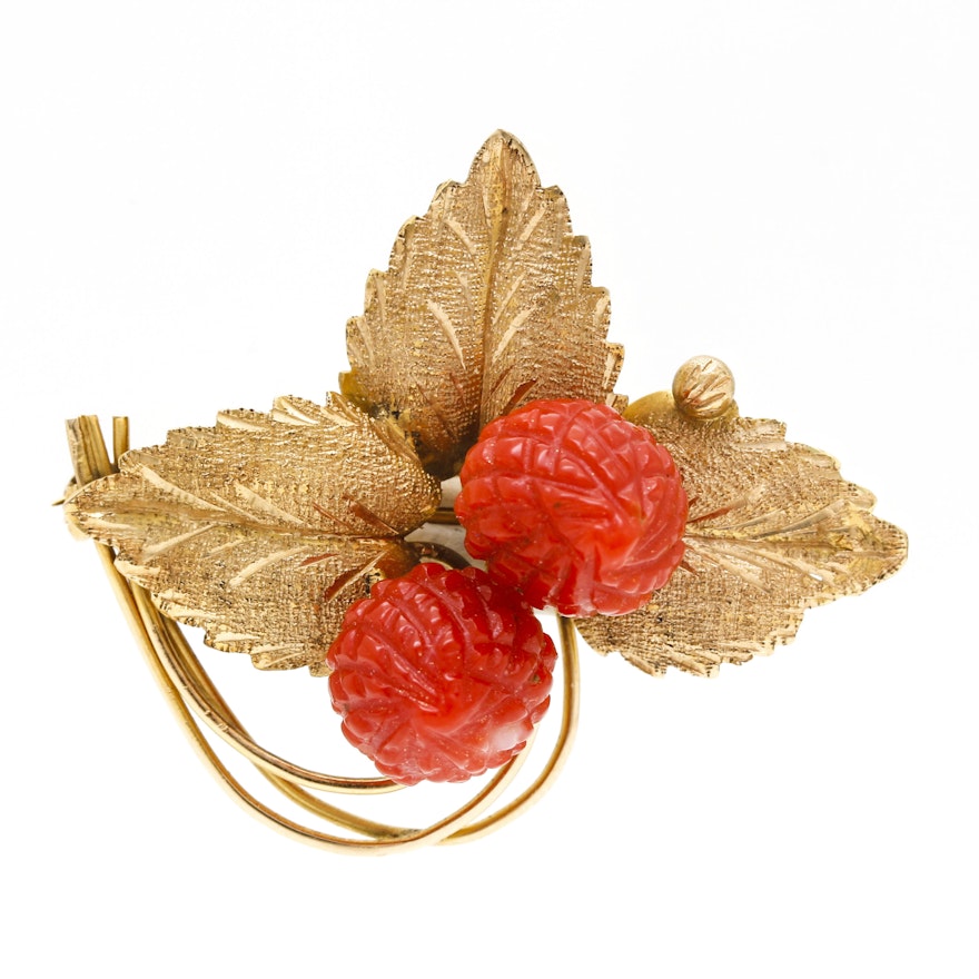 14K Yellow Gold Red Coral Carved Raspberry and Gold Leaves Brooch