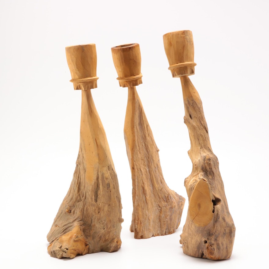 Hand Carved Natural Wood Candlesticks