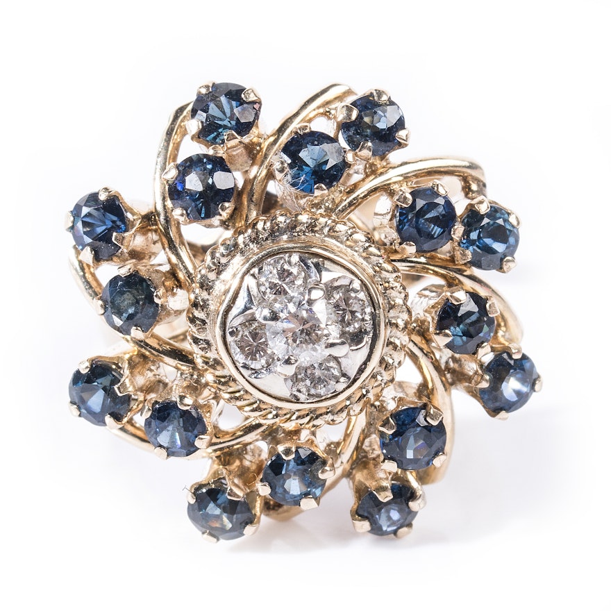 14K Yellow Gold Diamond Cluster and Sapphire Spray Ring