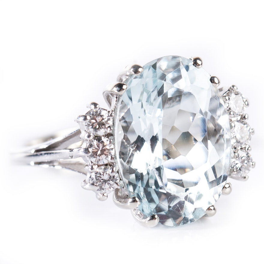 18K White Gold 5.73 CTS Aquamarine and Diamond Cathedral Style Ring