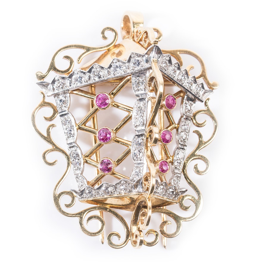 18K Yellow Gold and Platinum Diamond and Ruby Lantern Pendant Brooch