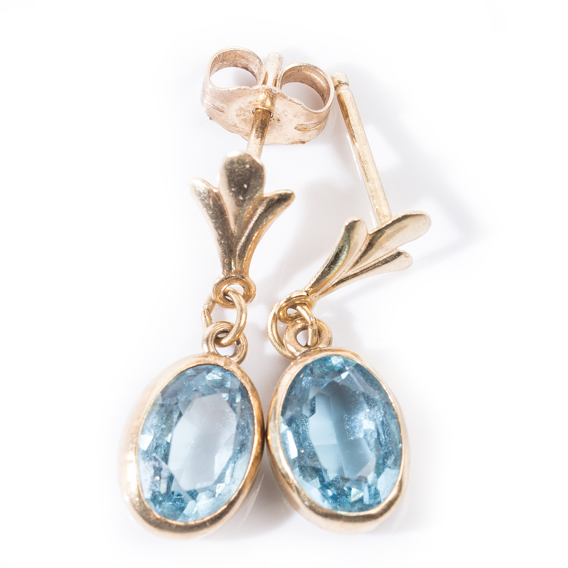 14K Yellow Gold Bezel Set Blue Topaz Dangle Earrings