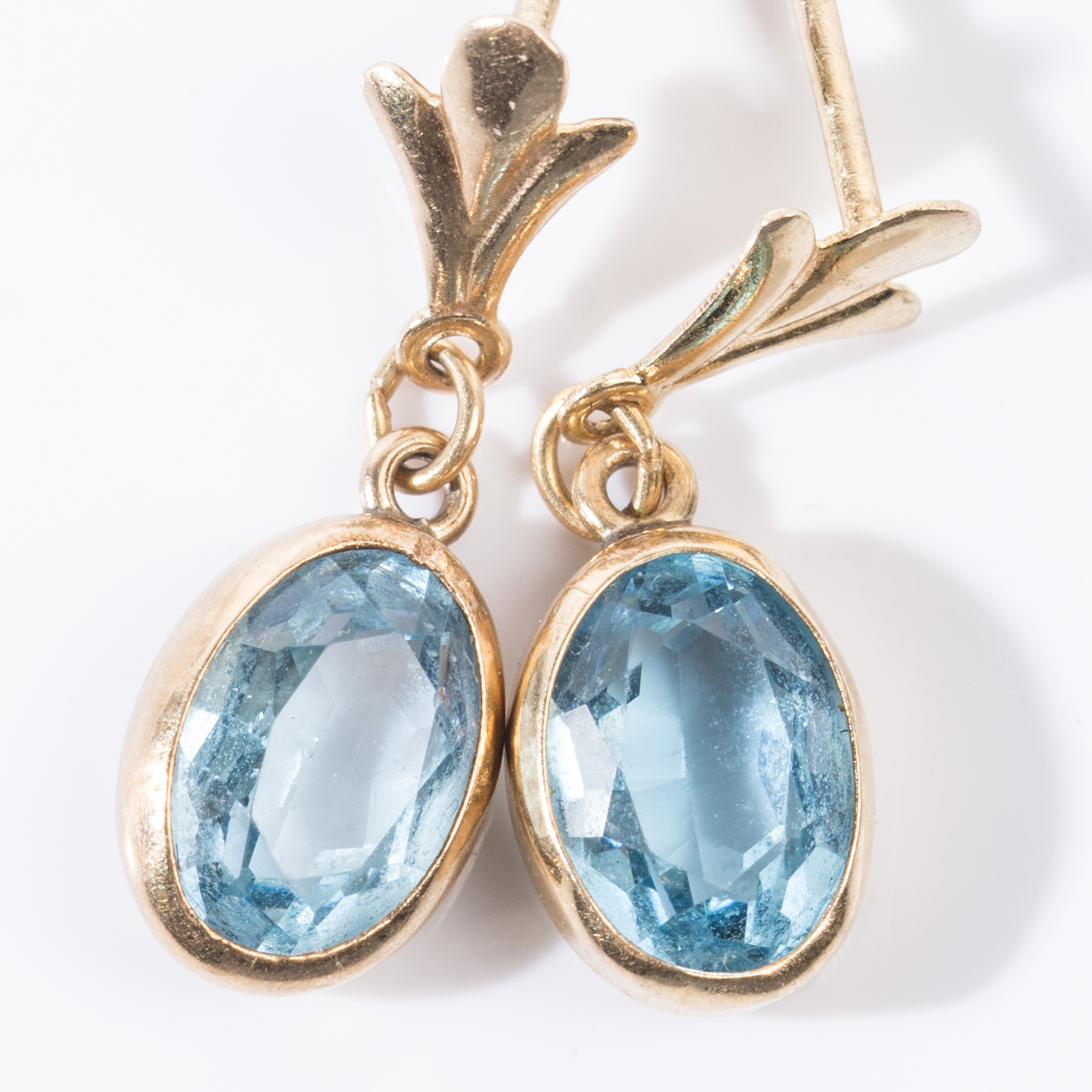 14K Yellow Gold Bezel Set Blue Topaz Dangle Earrings