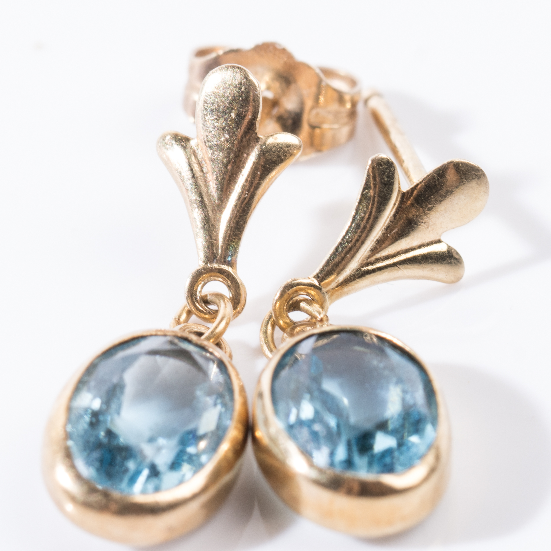 14K Yellow Gold Bezel Set Blue Topaz Dangle Earrings