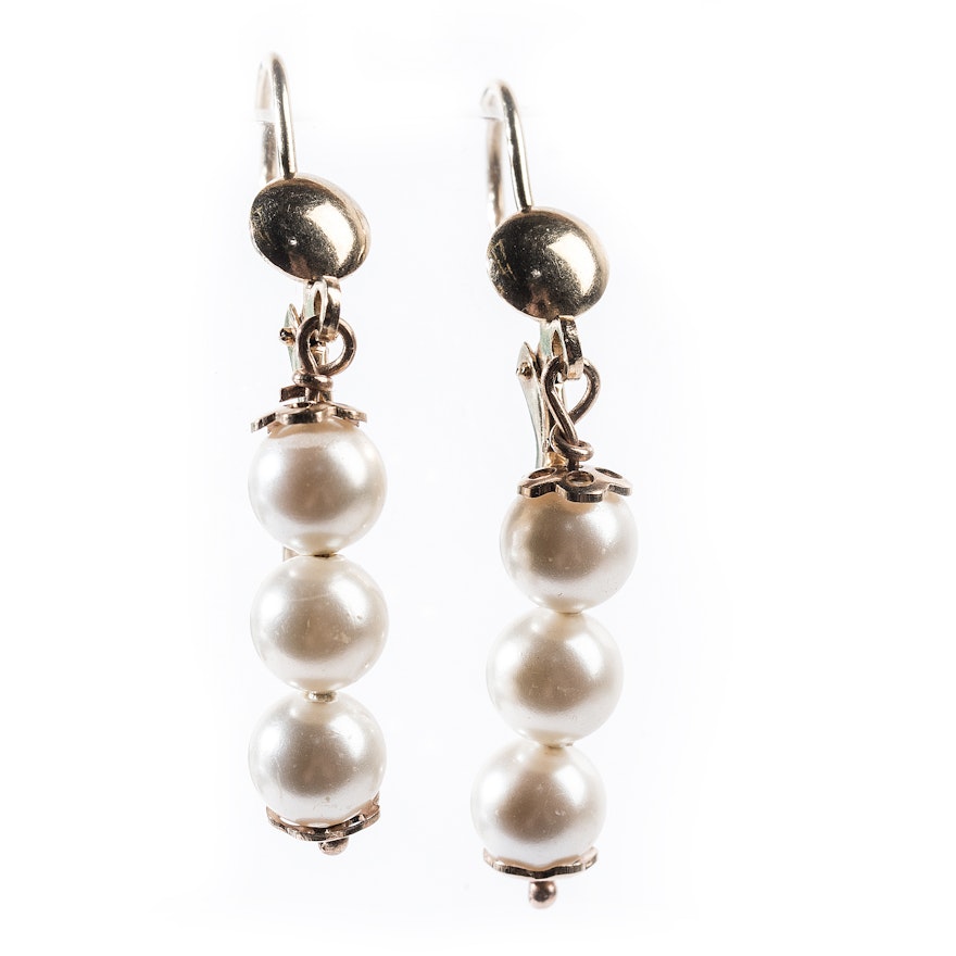 Italian 14K Yellow Gold Simulated Pearl Dangle Earrings