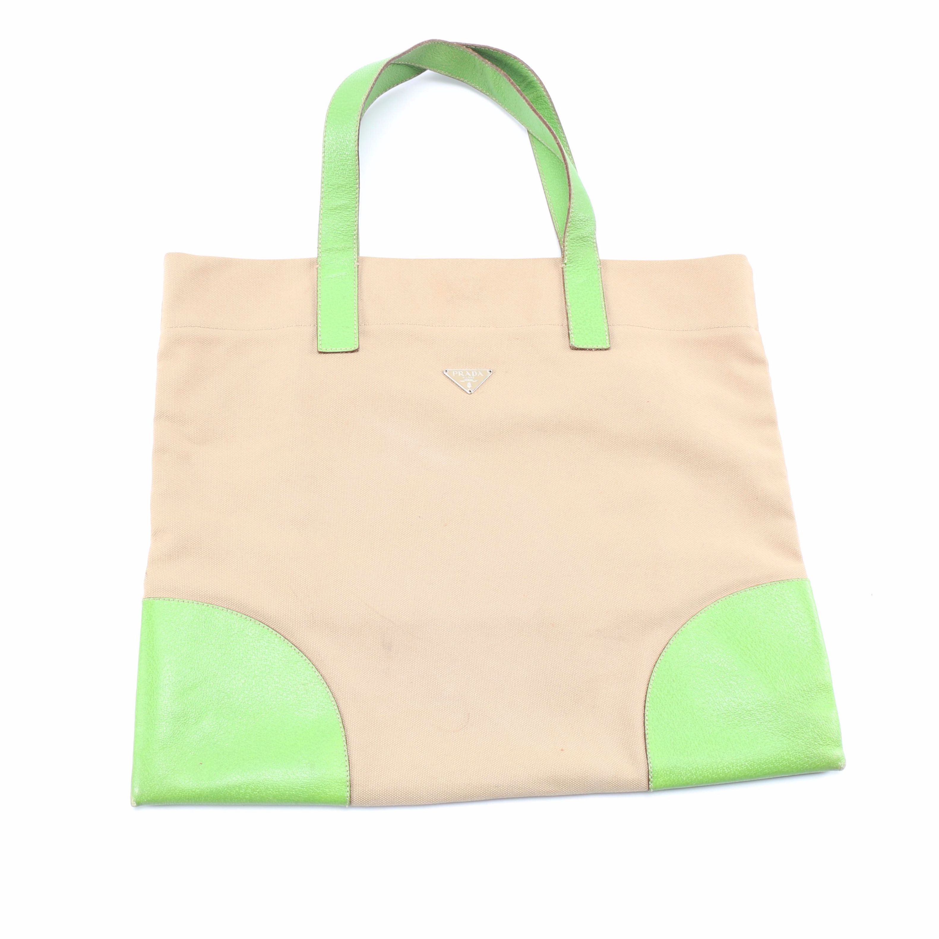 Prada Canvas and Green Leather Tote