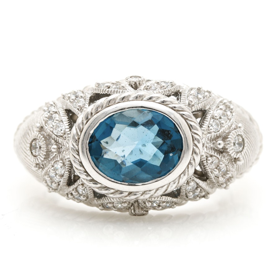 Judith Ripka Sterling Silver Blue Topaz and Cubic Zirconia Ring