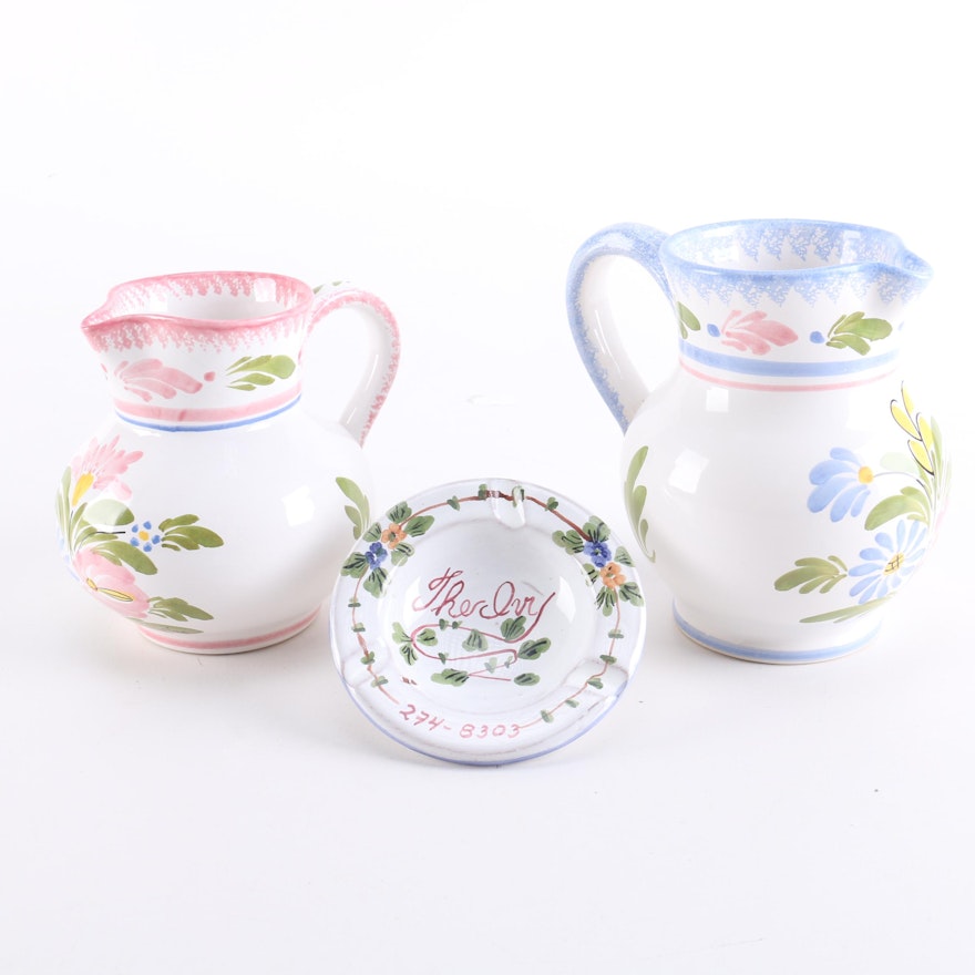 Selection of Hand-Painted Keraluc Quimper Pitchers and Hand-Painted Ash Receiver