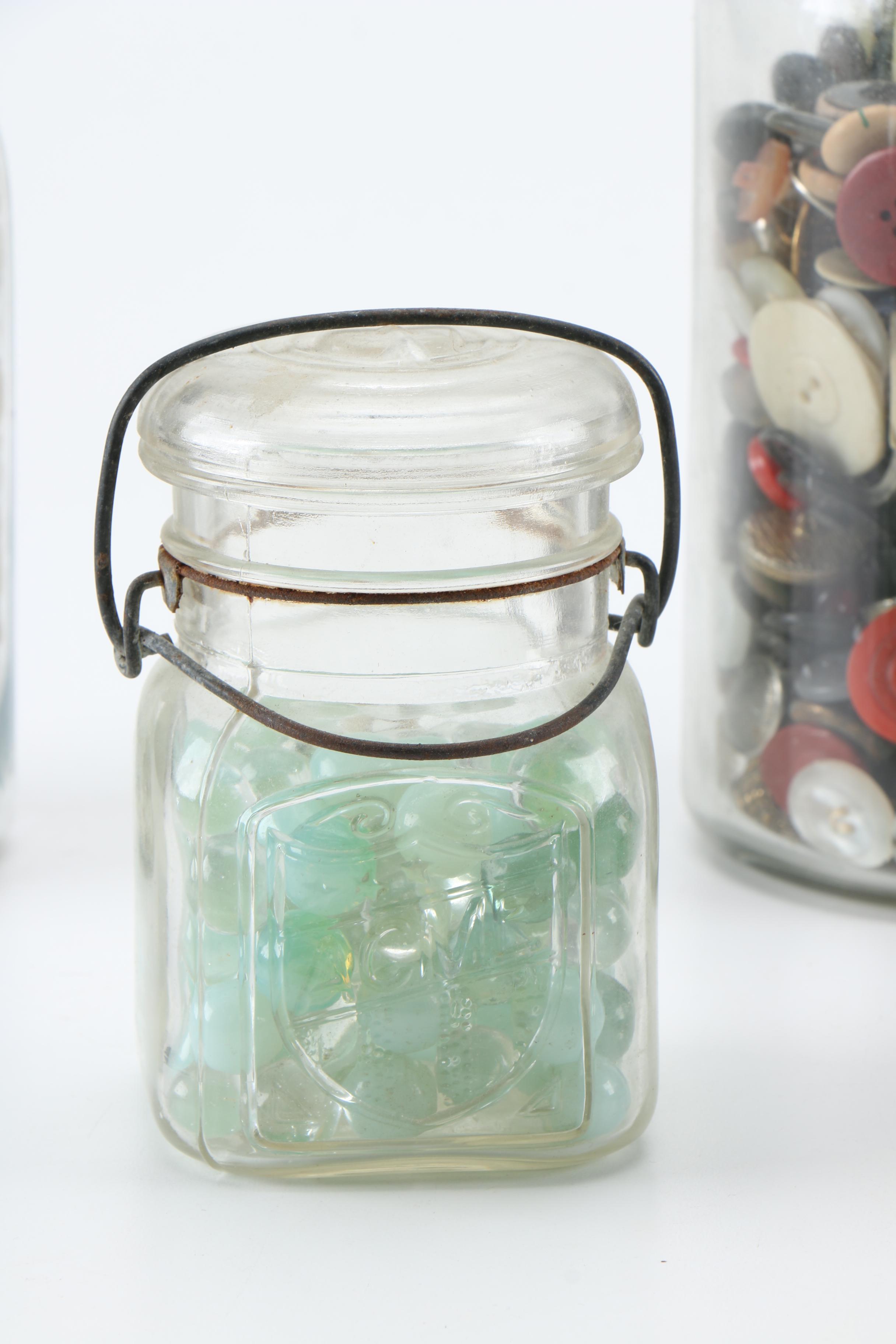 Marble and Button Collection in Vintage Glass Jars