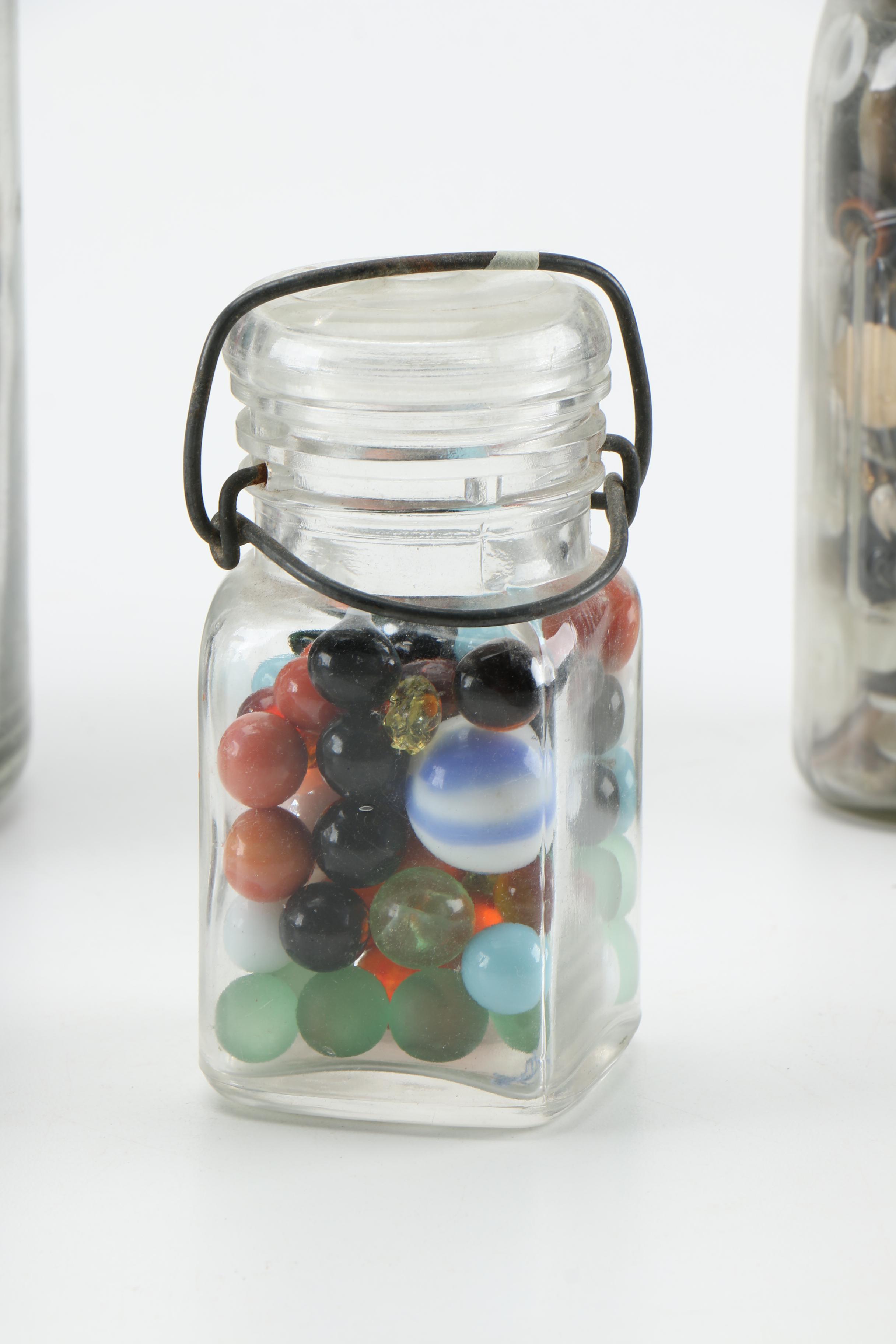 Marble and Button Collection in Vintage Glass Jars