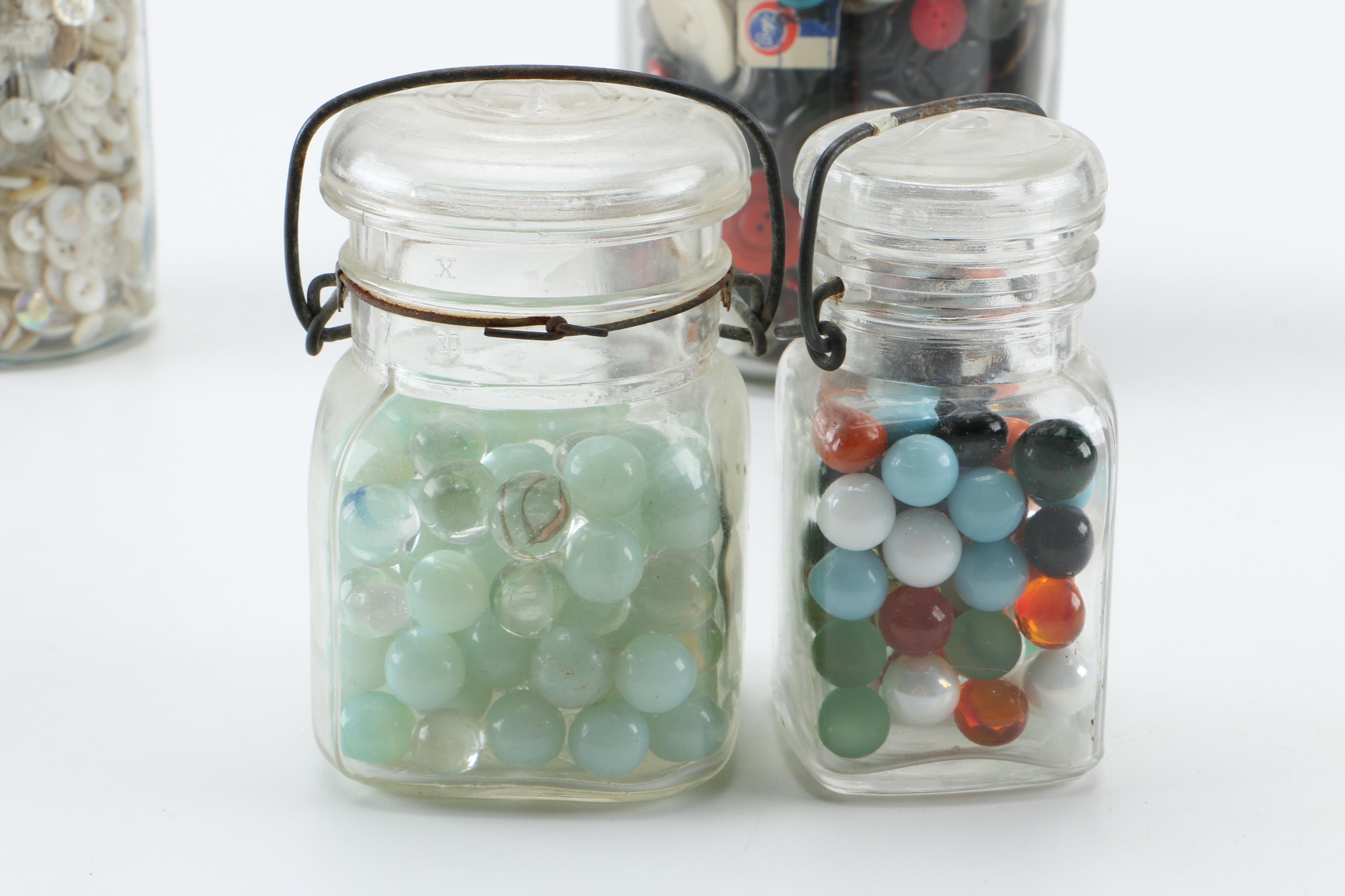 Marble and Button Collection in Vintage Glass Jars