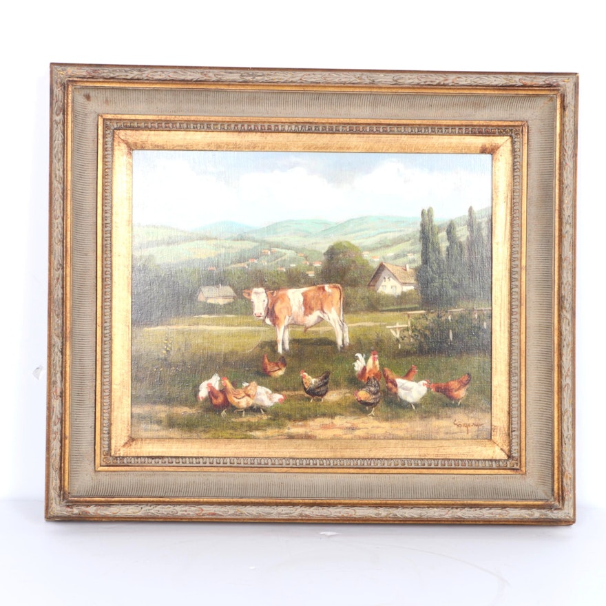 Gorgeny Oil on Canvas Farm Scene with Chickens