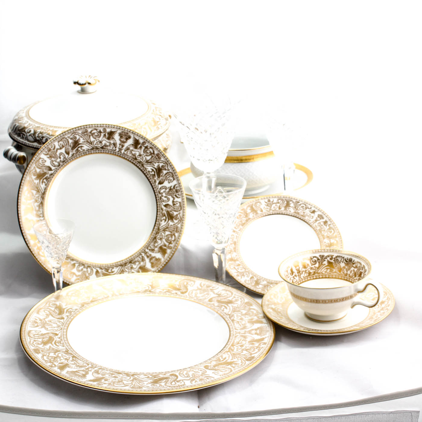 Set of Wedgwood Gold Florentine China and Waterford Templemore