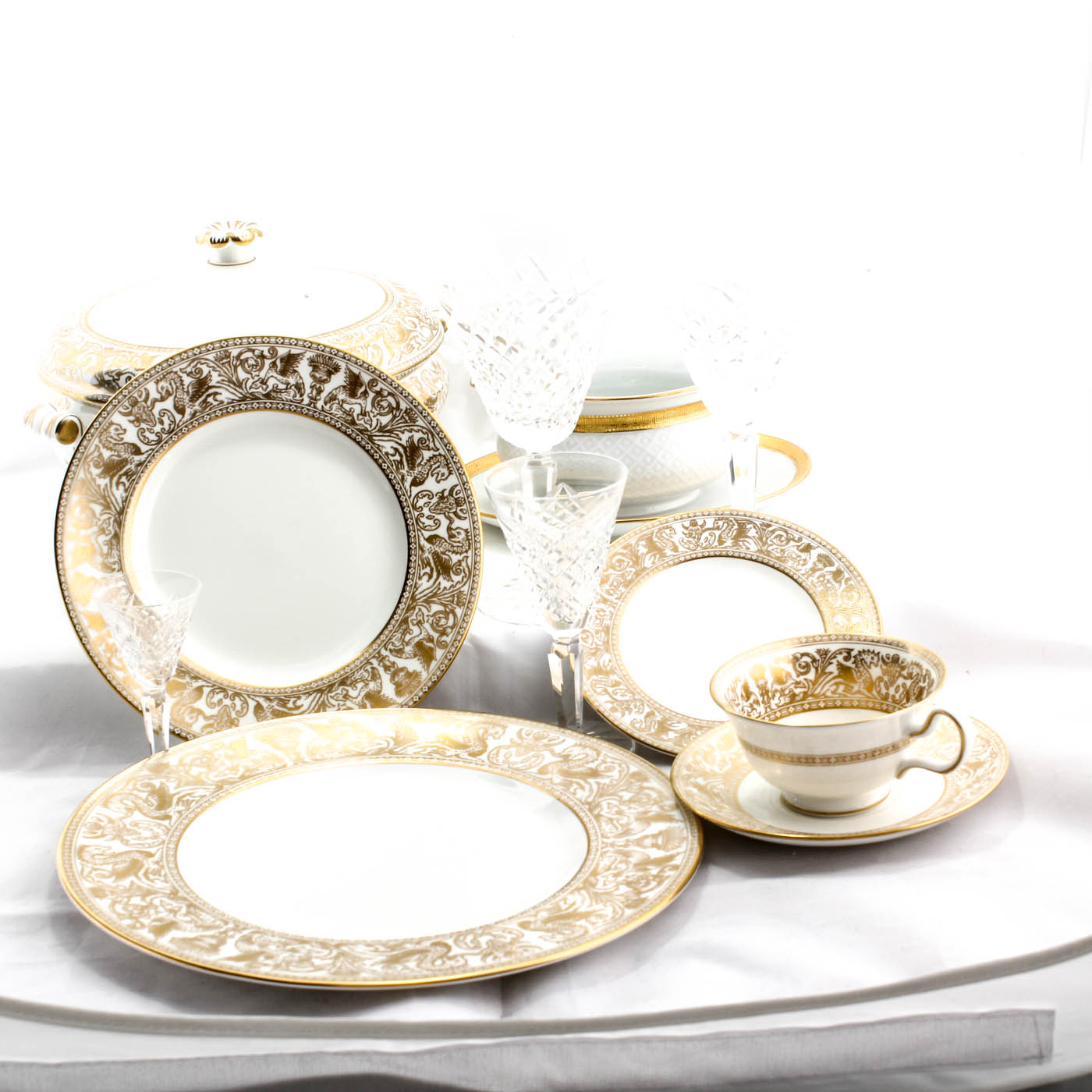 Set of Wedgwood Gold Florentine China and Waterford Templemore