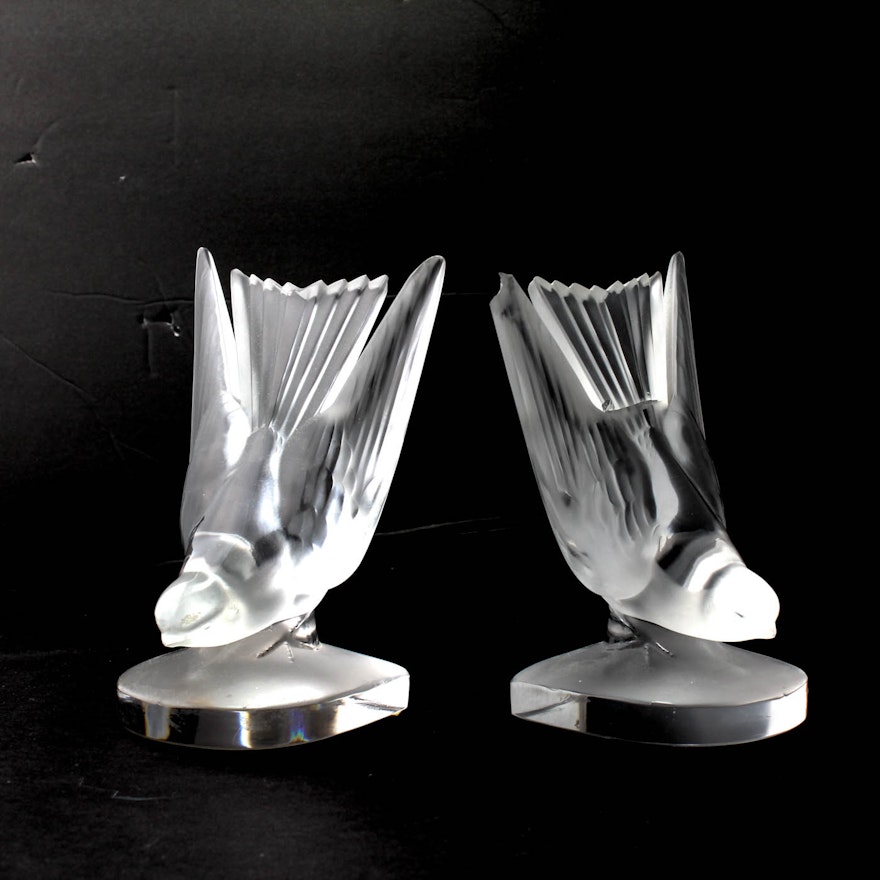 Pair of Vintage Signed Lalique Frosted Dove Bookends