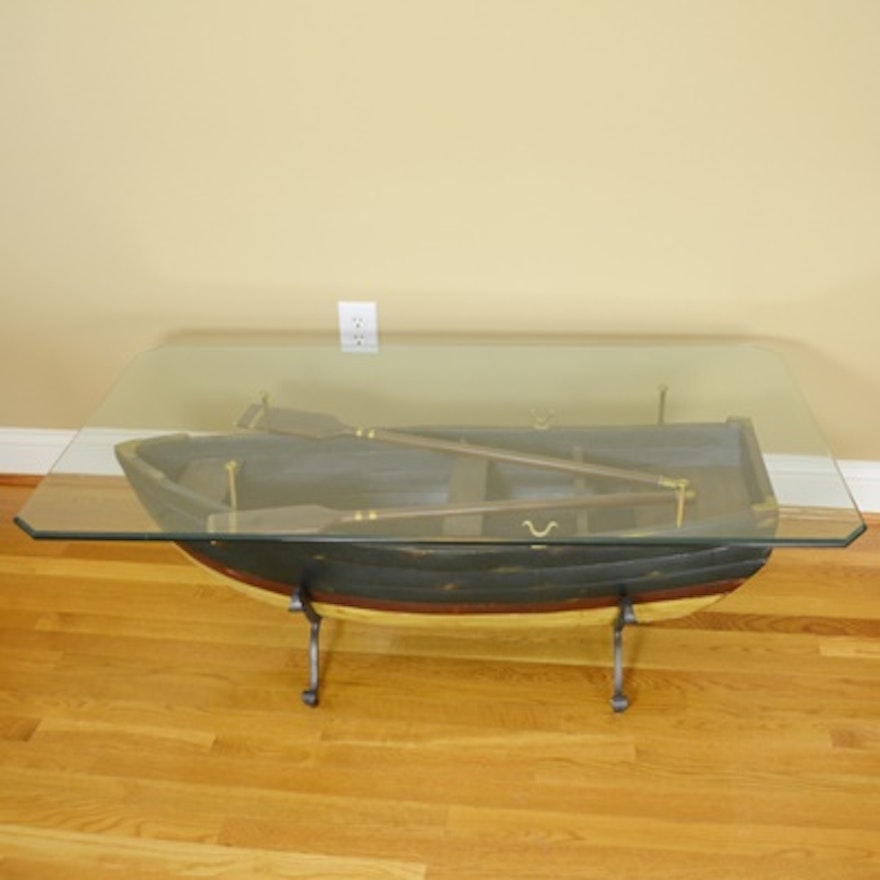 Glass Topped Wooden Boat Coffee Table