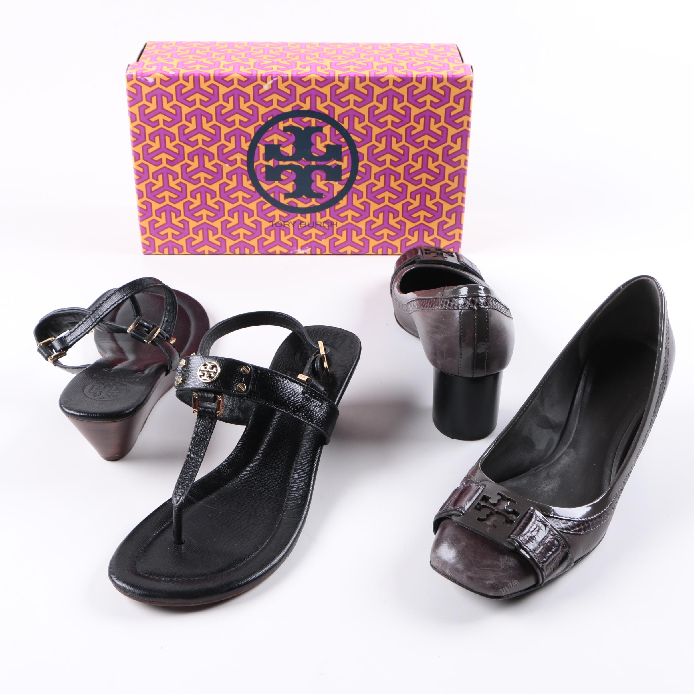 Tory Burch Leather Sandals and Snakeskin on Leather Heels