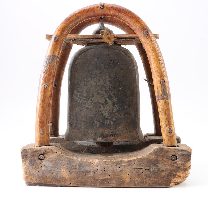 Cast Iron Elephant Bell in Bent Wood Frame