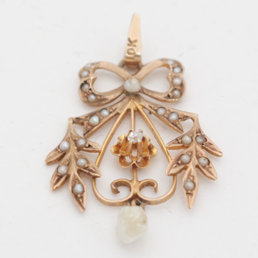 Victorian 10K Yellow Gold, Diamond, and Seed Pearl Pendant