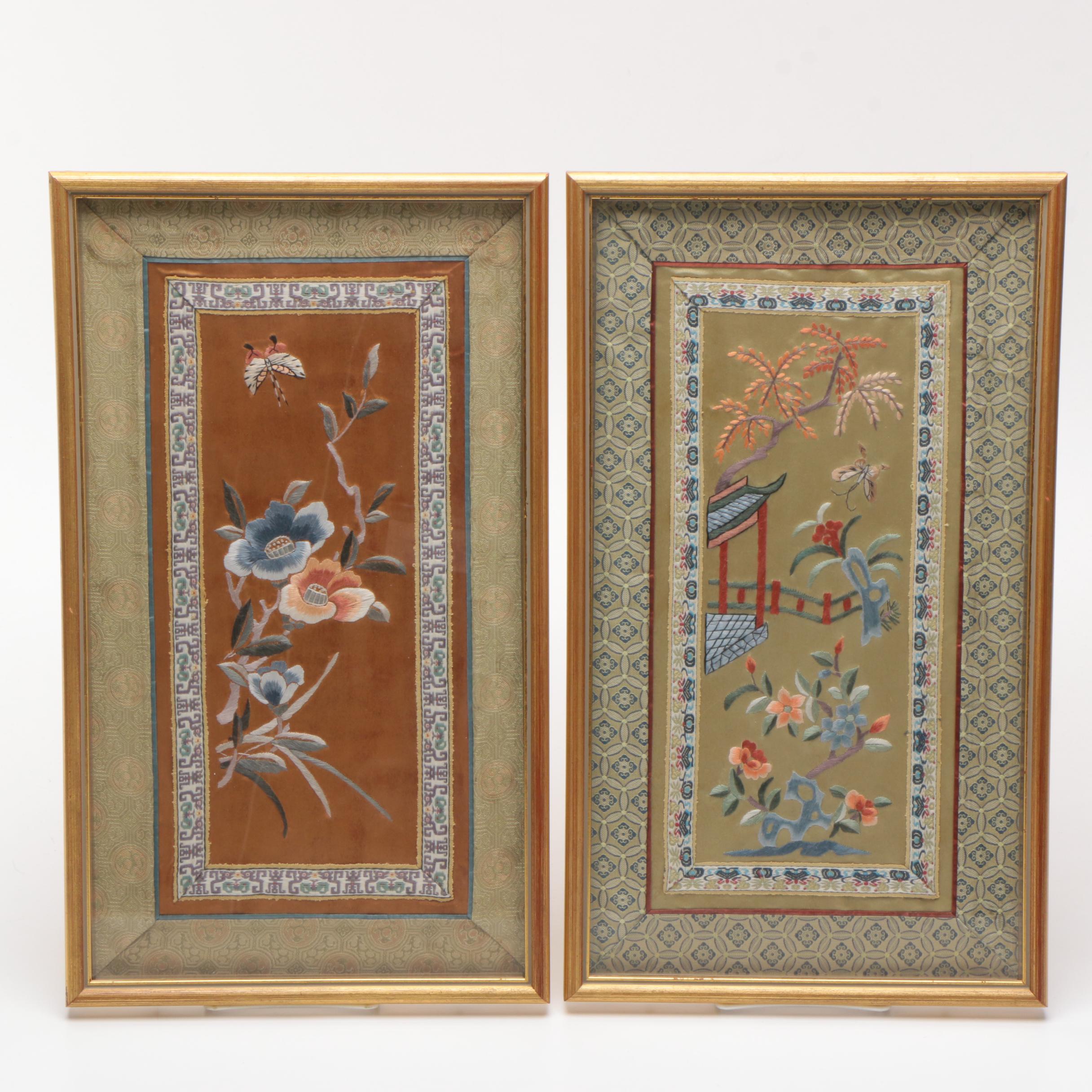 Vintage Chinese Embroideries on Silk With Floral Motifs