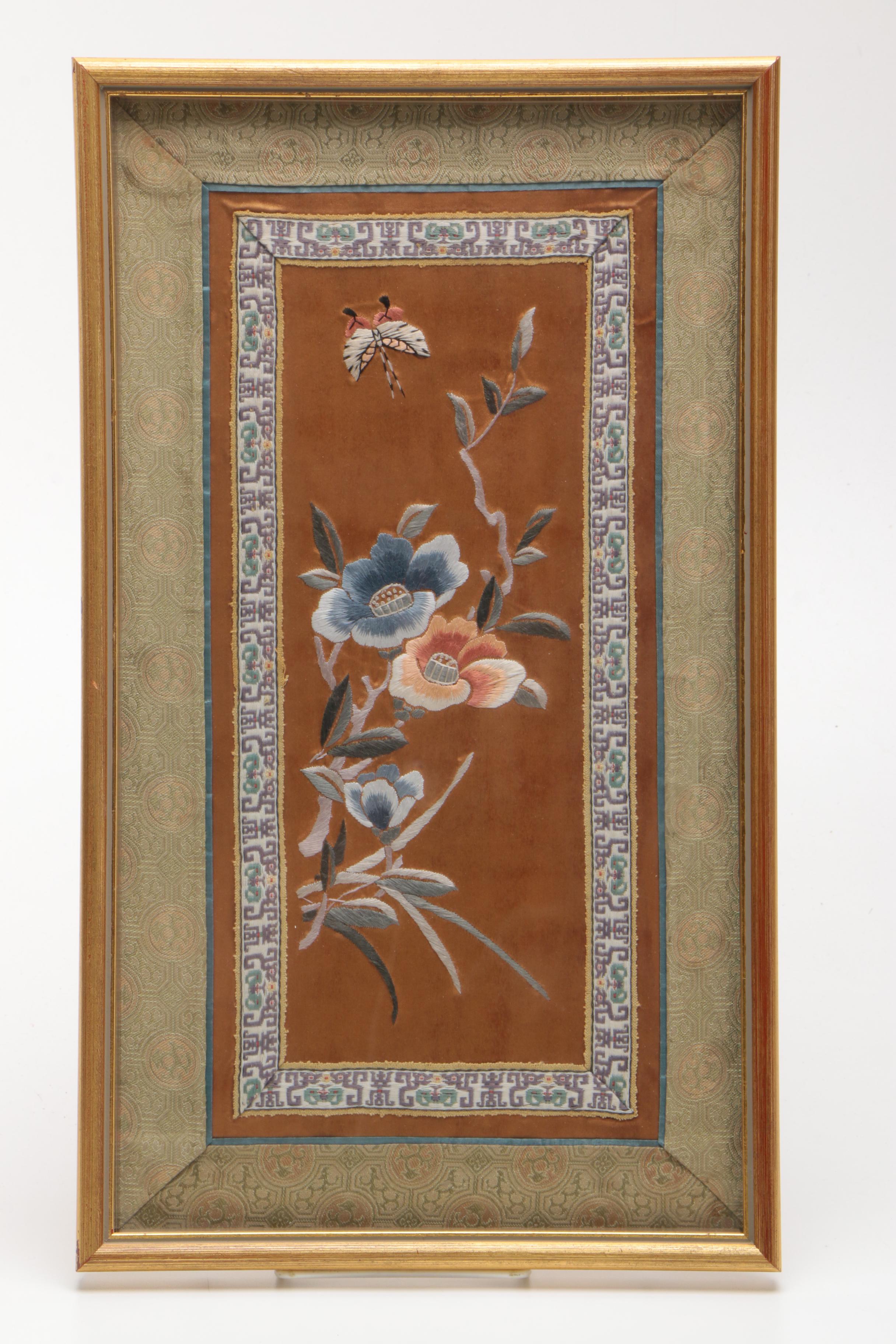 Vintage Chinese Embroideries on Silk With Floral Motifs