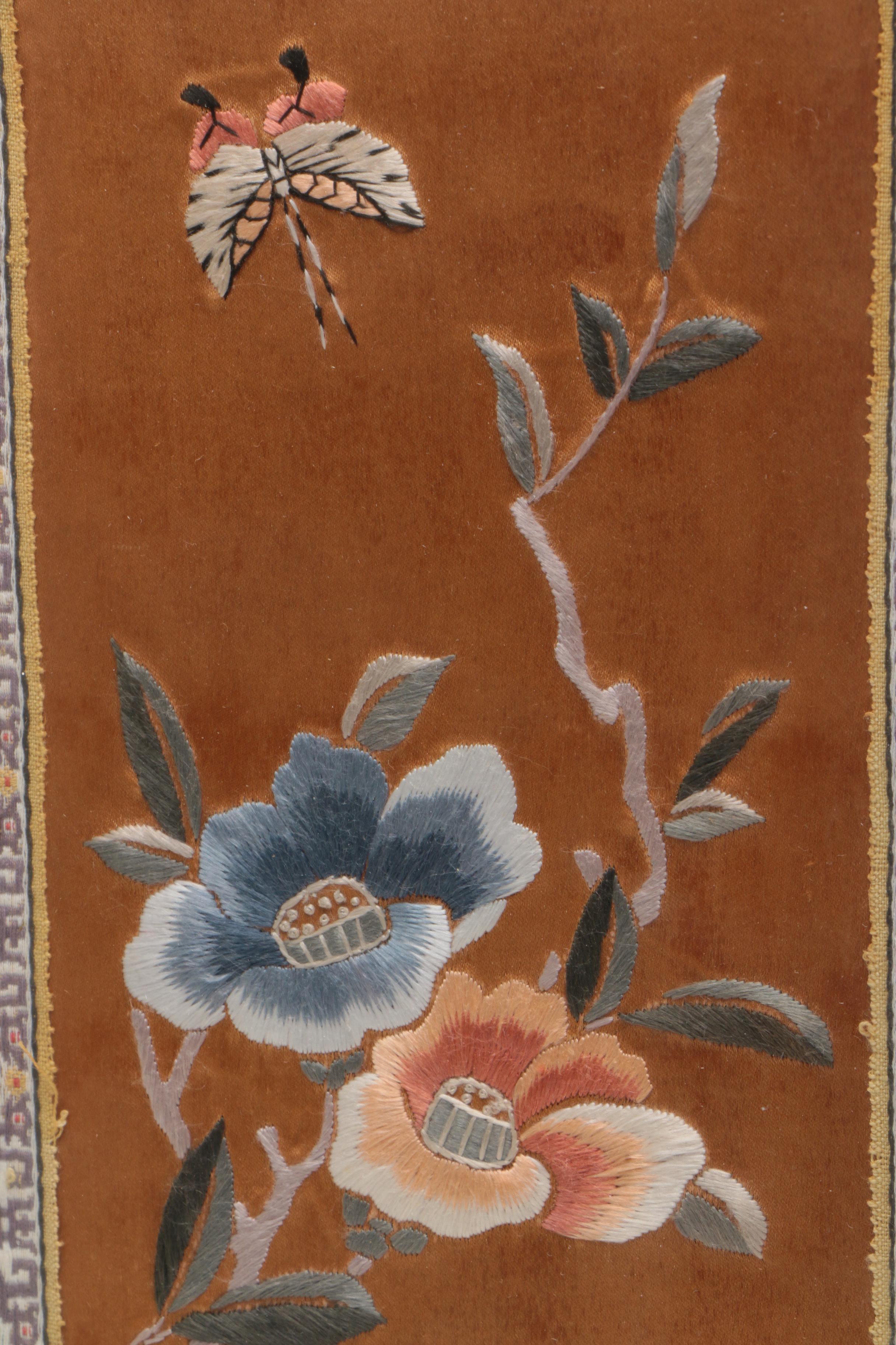 Vintage Chinese Embroideries on Silk With Floral Motifs