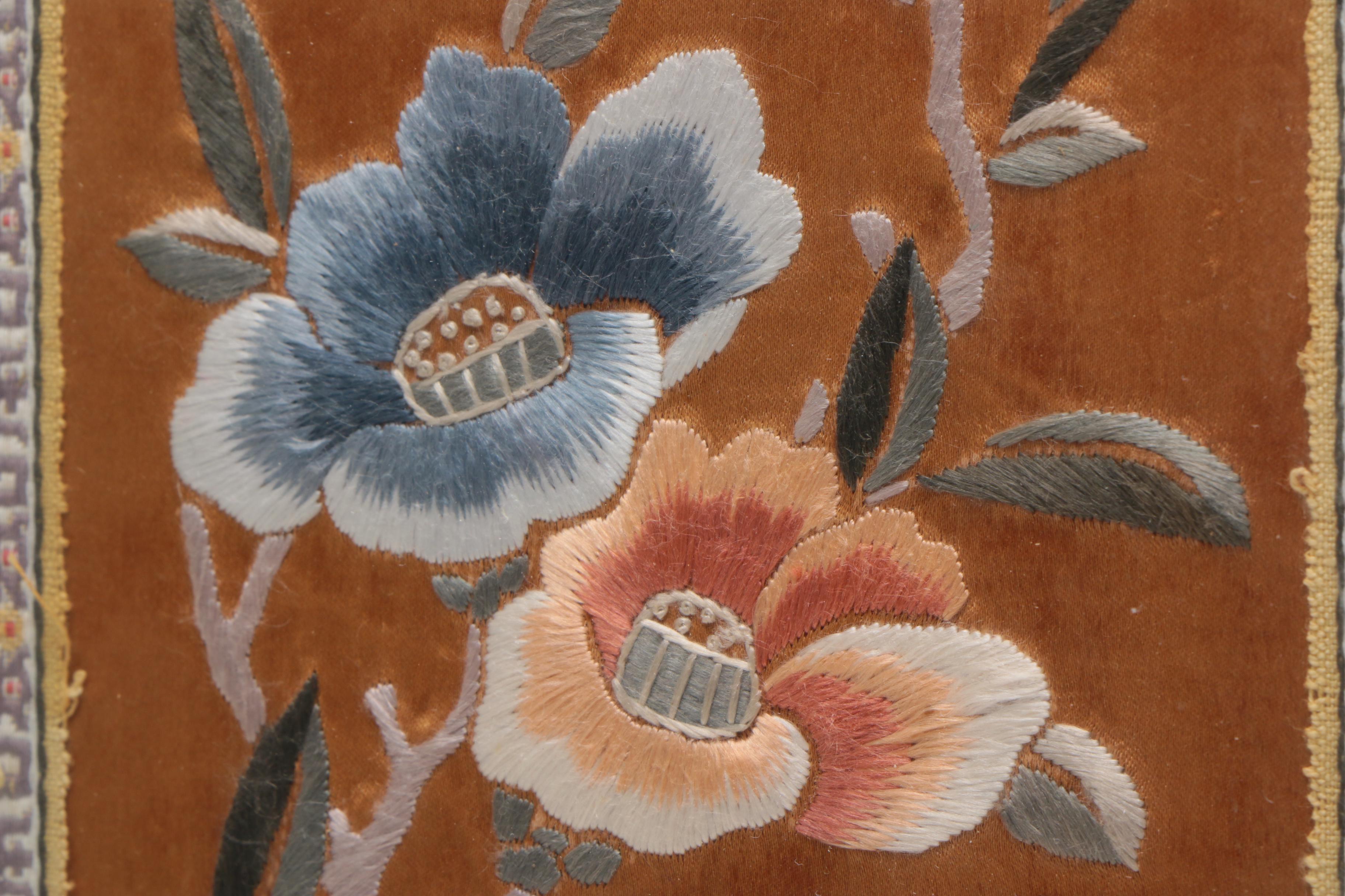 Vintage Chinese Embroideries on Silk With Floral Motifs