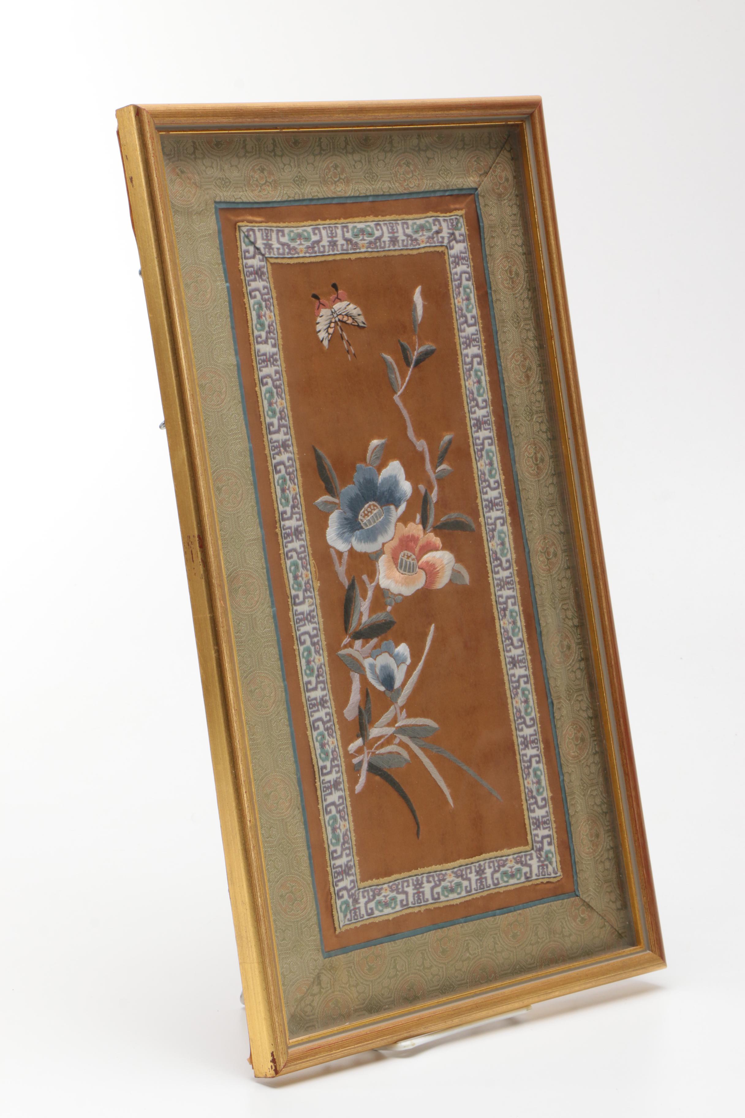 Vintage Chinese Embroideries on Silk With Floral Motifs