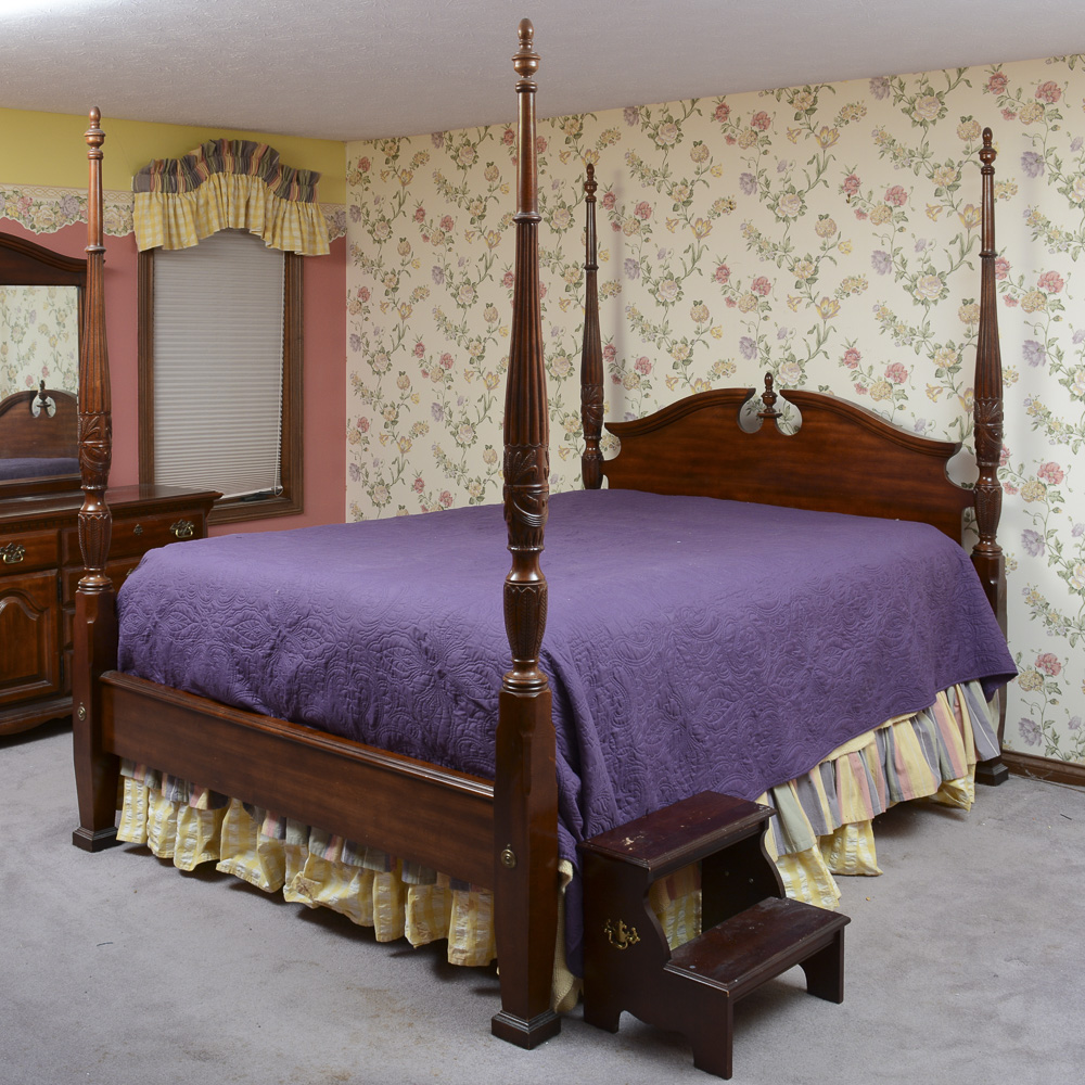 Queen Sized Cherry Four Poster Bed With Step Stool