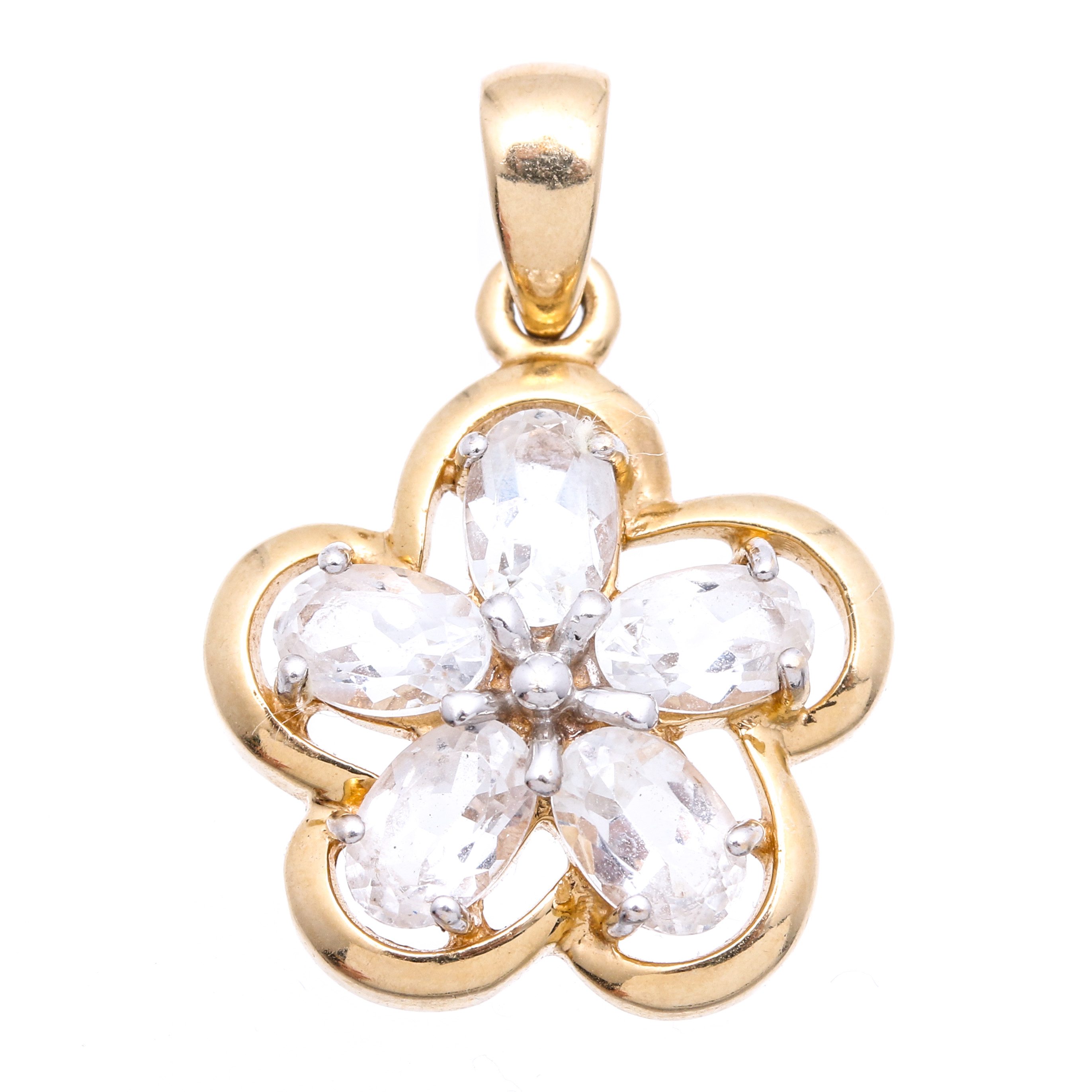 14K Yellow Gold and White Topaz Flower Shaped Pendant