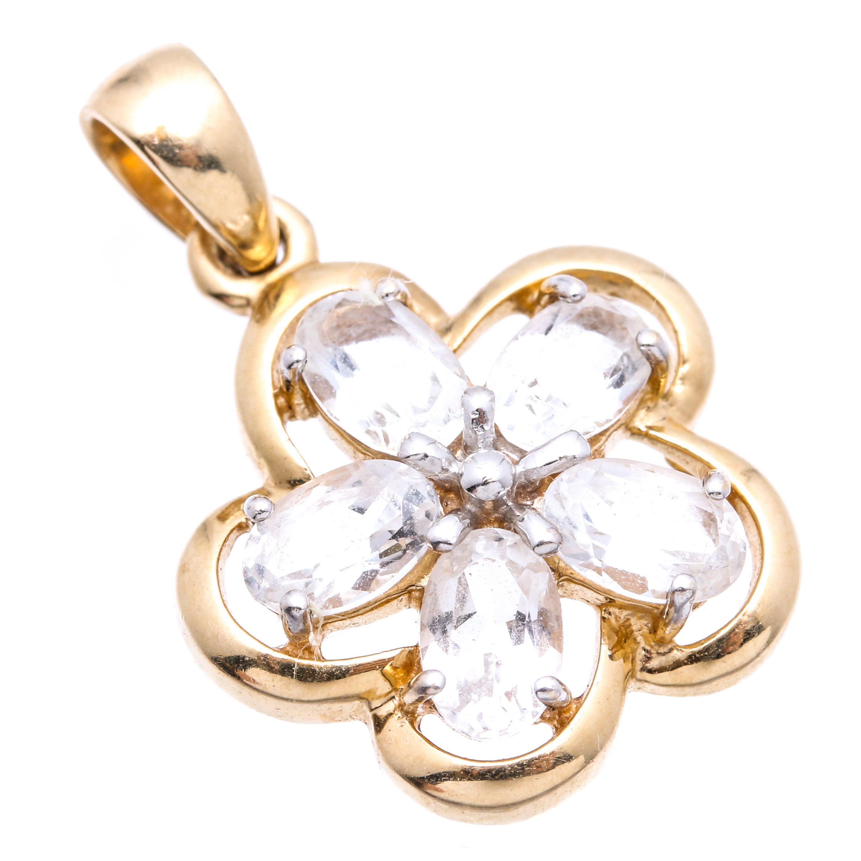 14K Yellow Gold and White Topaz Flower Shaped Pendant