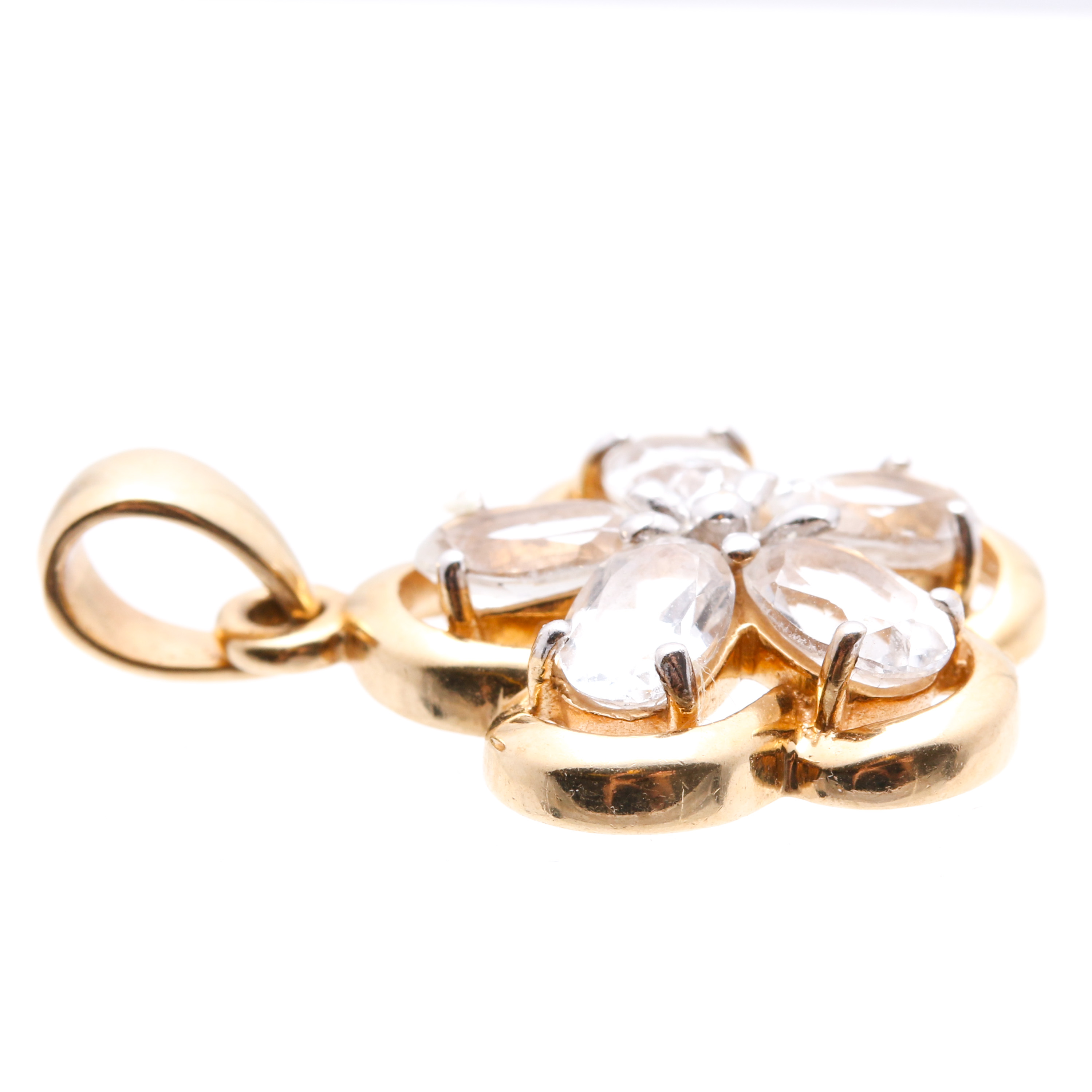 14K Yellow Gold and White Topaz Flower Shaped Pendant