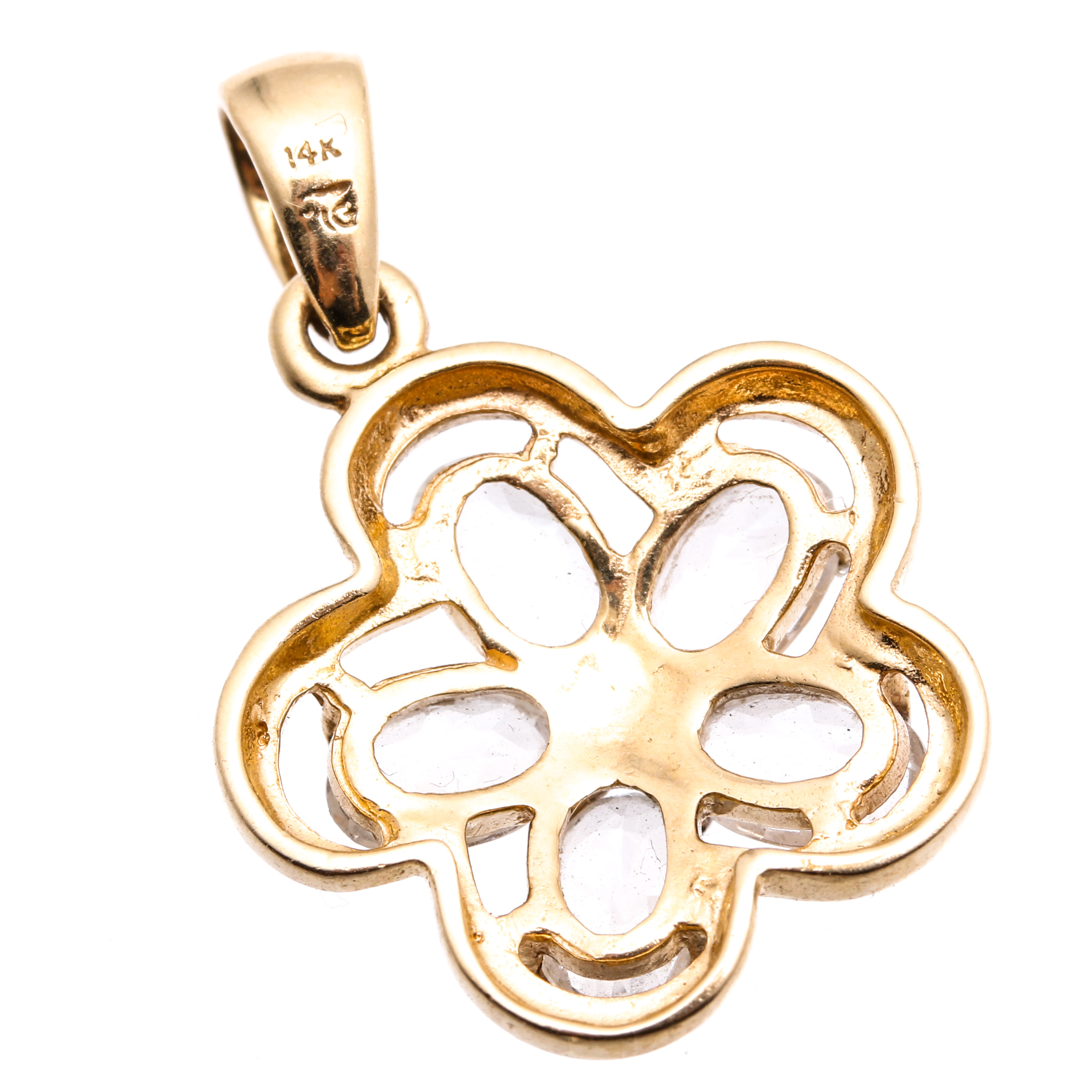 14K Yellow Gold and White Topaz Flower Shaped Pendant