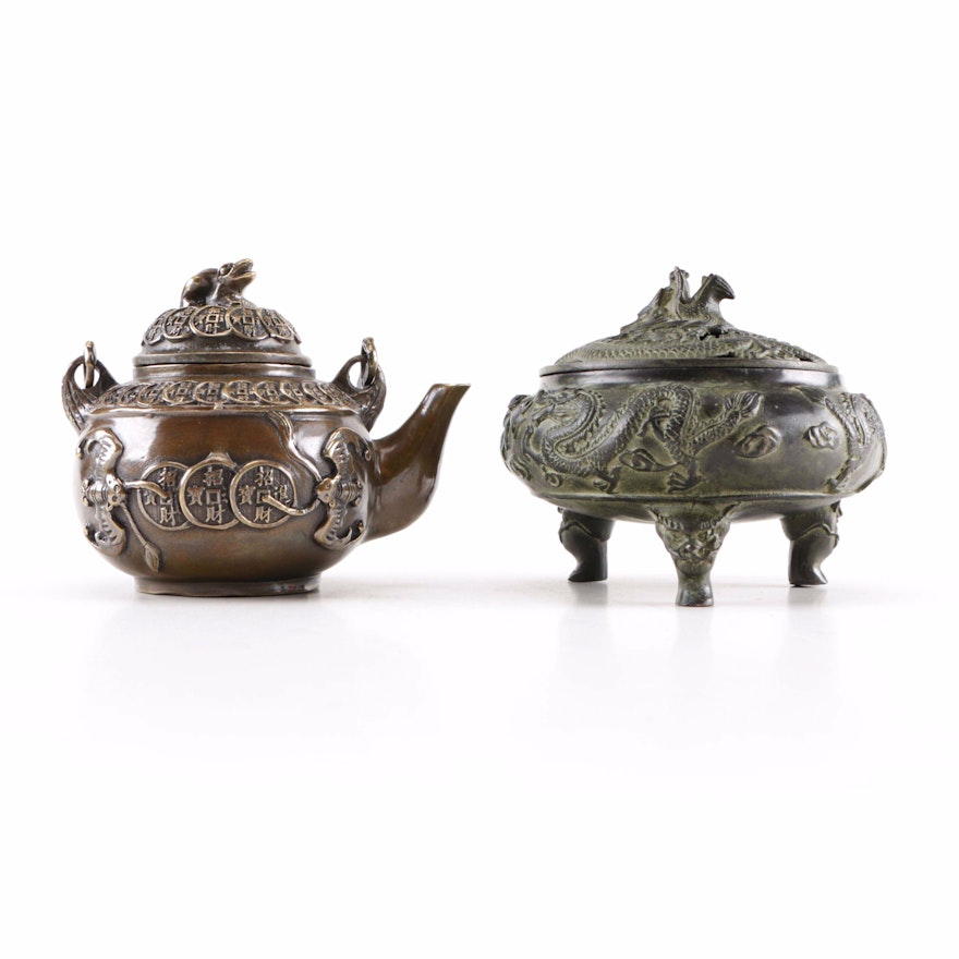 Chinese Brass Teapot and Metal Incense Burner