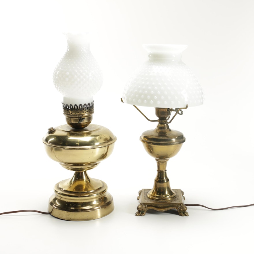 Vintage Brass Table Lamps With Milk Glass Shades