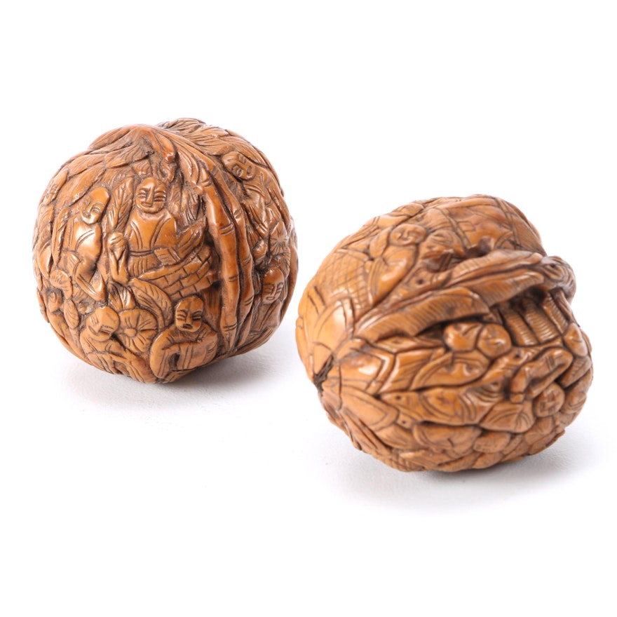 Asian Inspired Hand-Carved Walnut Shells