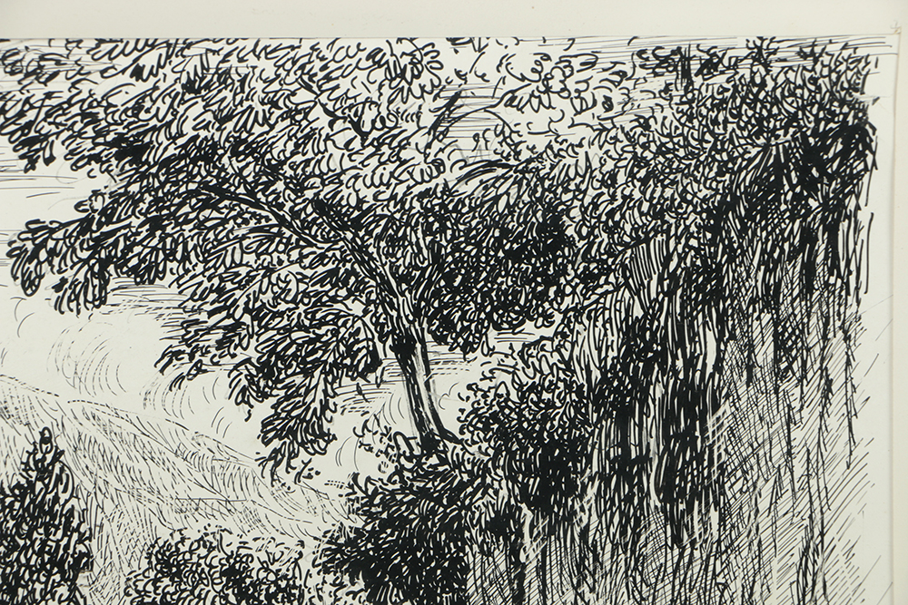 Raoul Dupoux Ink Drawing on Paper Haitian Landscape
