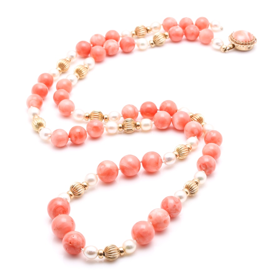 14K Yellow Gold Angel Skin Coral and Freshwater Cultured Pearl Necklace