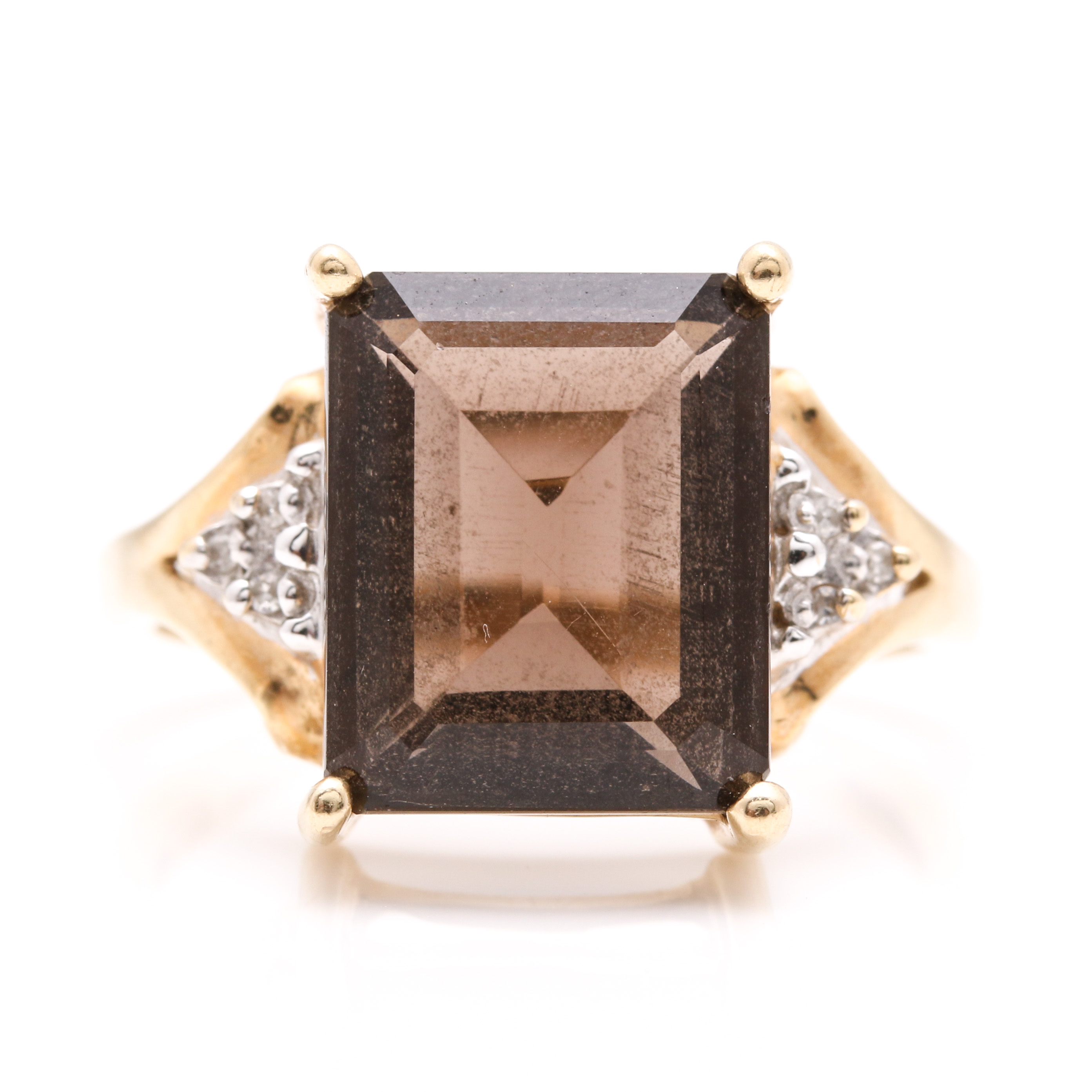 14K Yellow Gold 9.30 CT Smoky Quartz and Diamond Ring