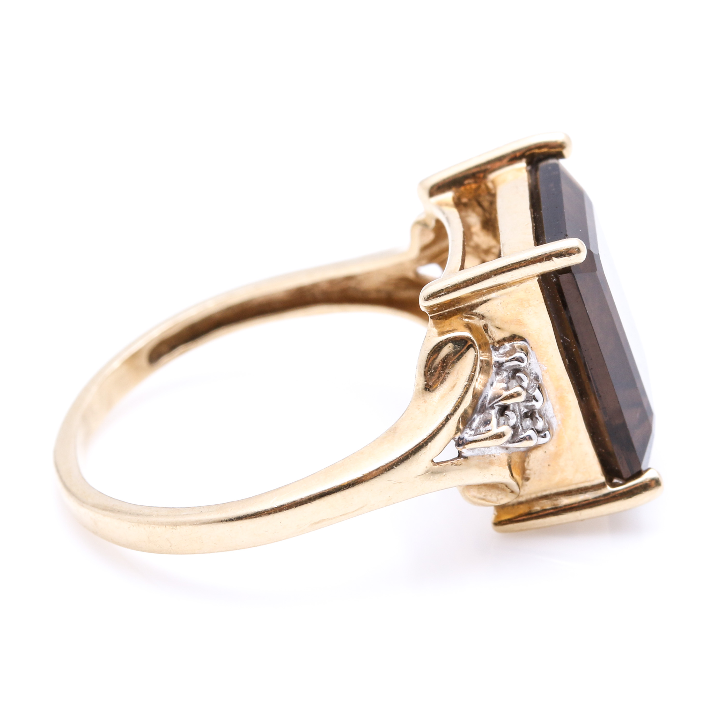 14K Yellow Gold 9.30 CT Smoky Quartz and Diamond Ring