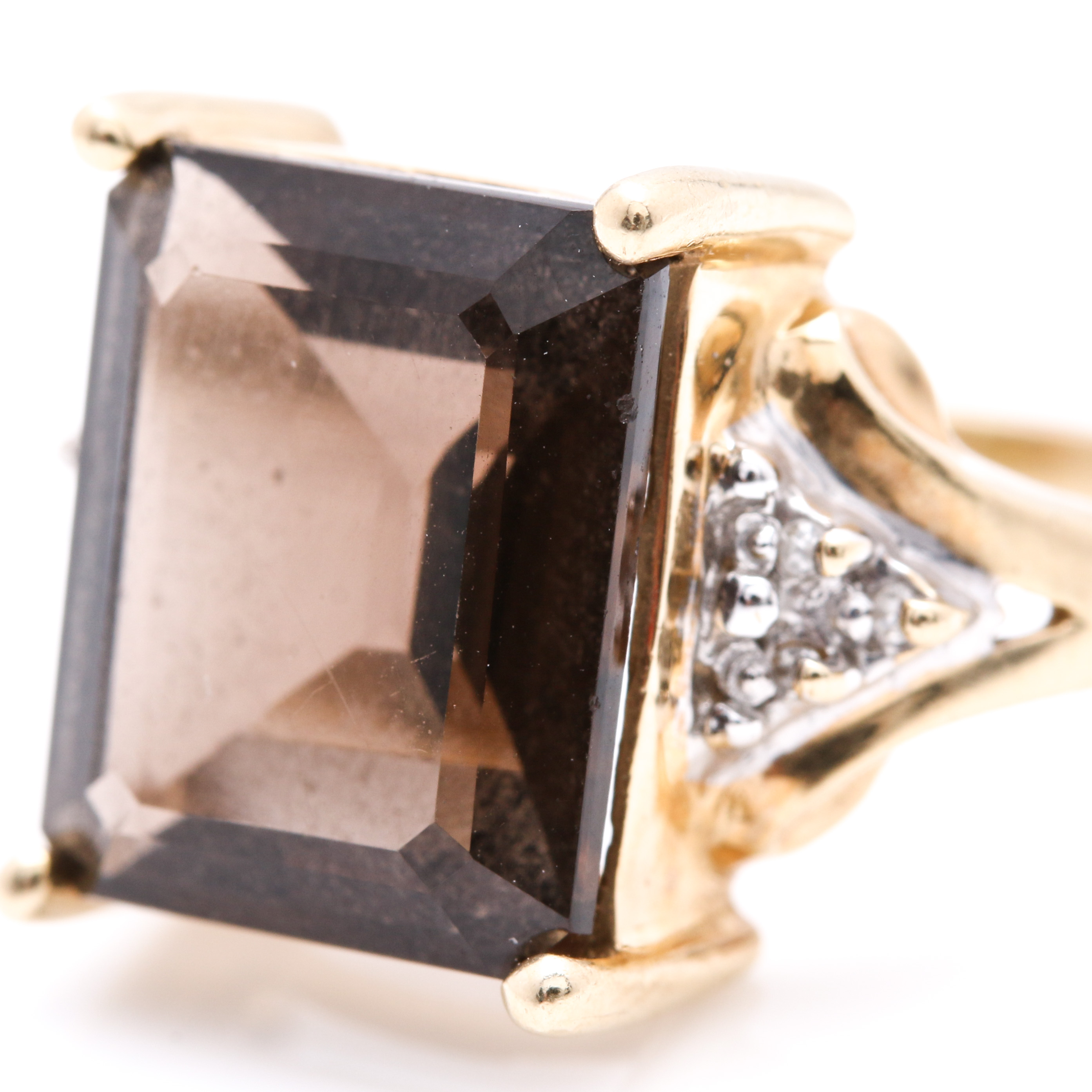 14K Yellow Gold 9.30 CT Smoky Quartz and Diamond Ring