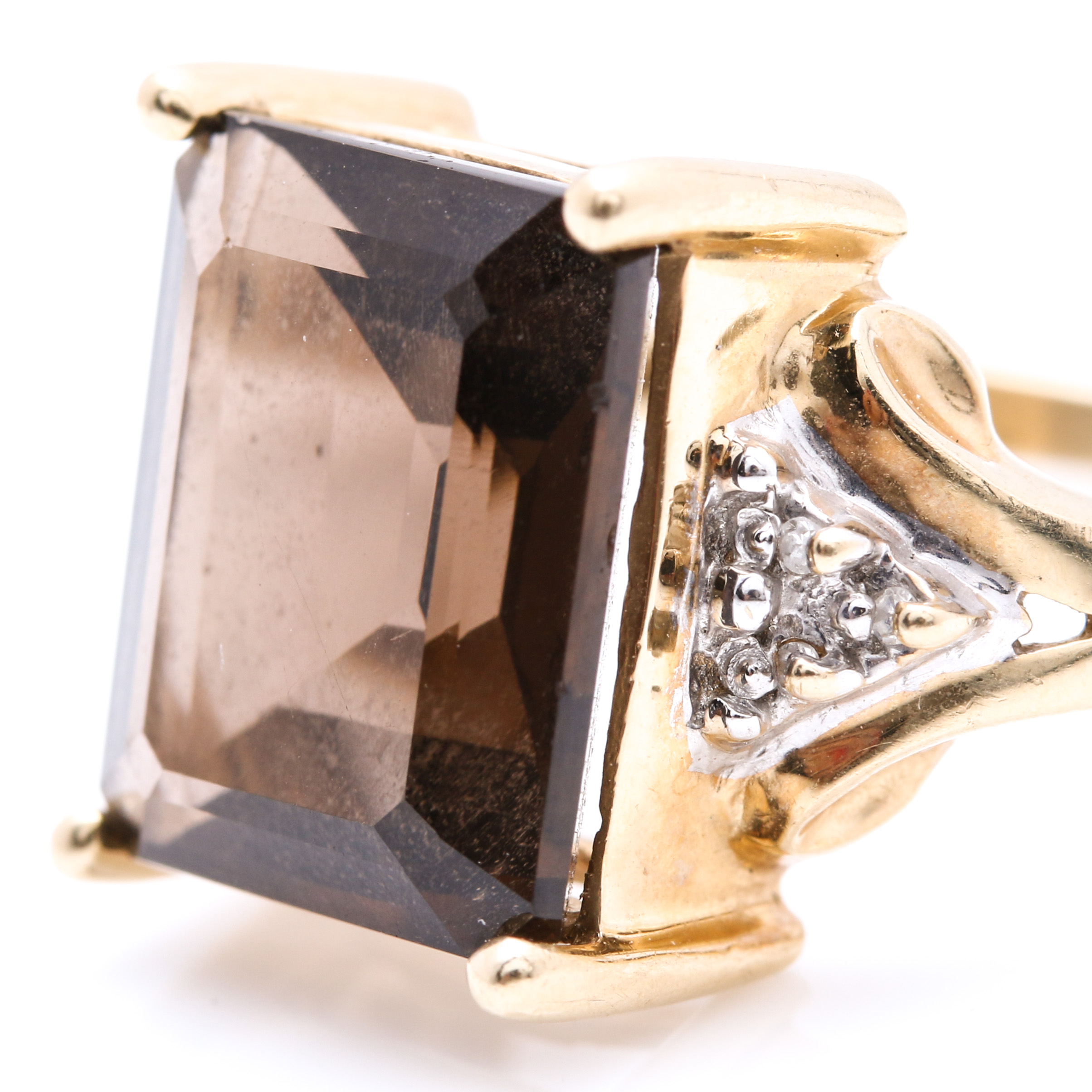 14K Yellow Gold 9.30 CT Smoky Quartz and Diamond Ring