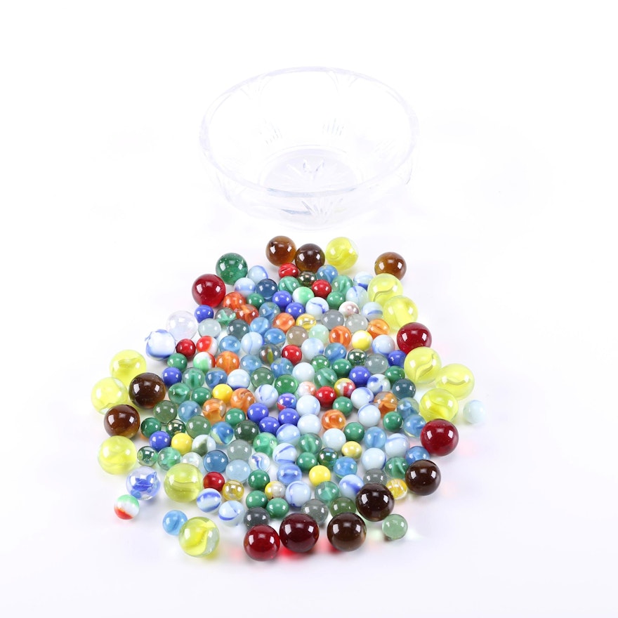 Collection of Marbles in a Glass Dish