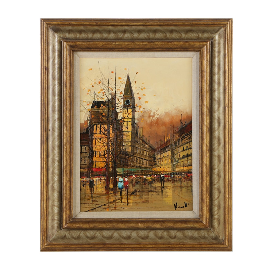 Late 20th-Century Oil Painting on Canvas Continental Street Scene